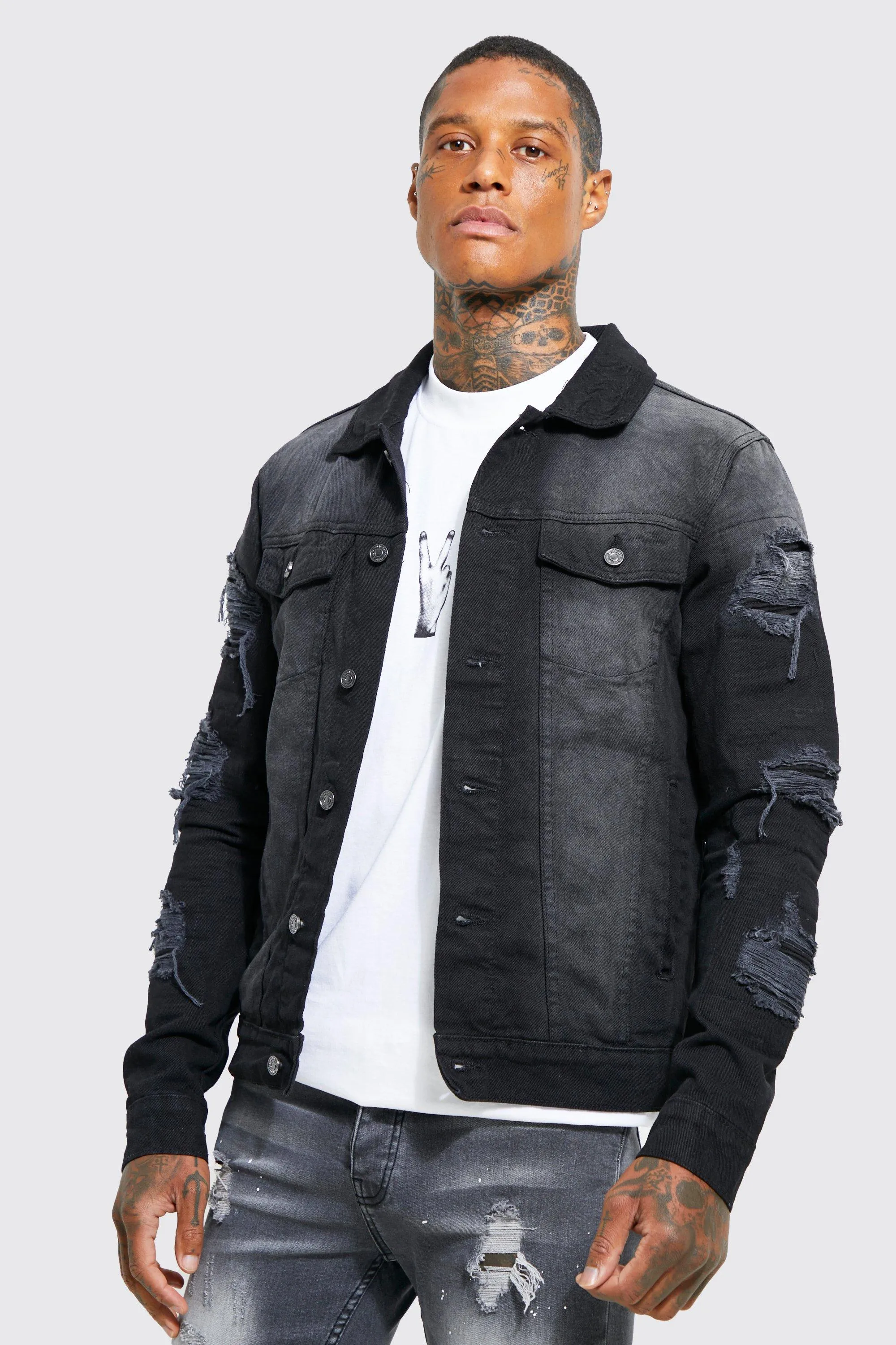 Regular Fit Rip & Repair Biker Denim Jacket