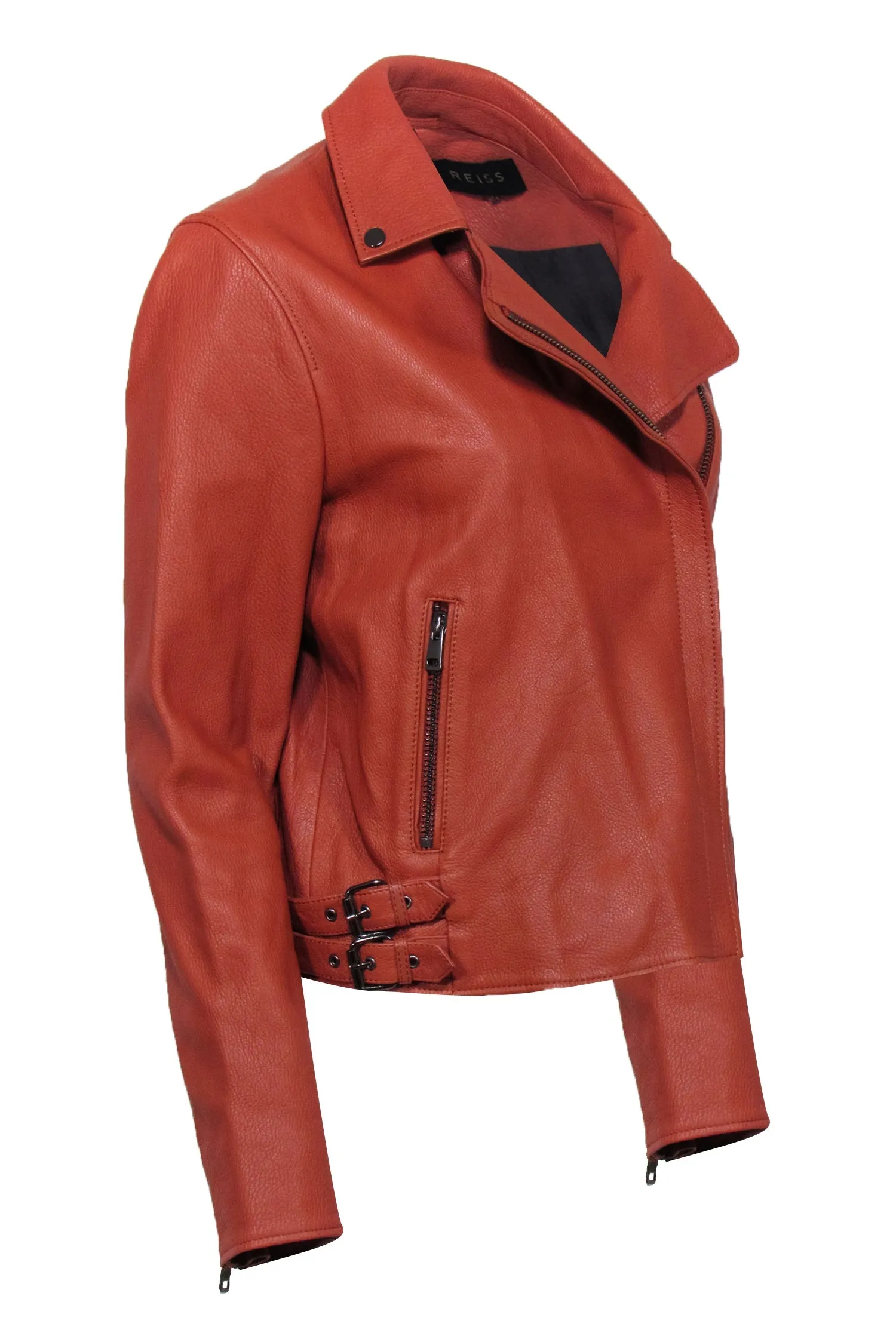 Reiss - Tan Pebbled Lamb Leather Moto Jacket Sz 8