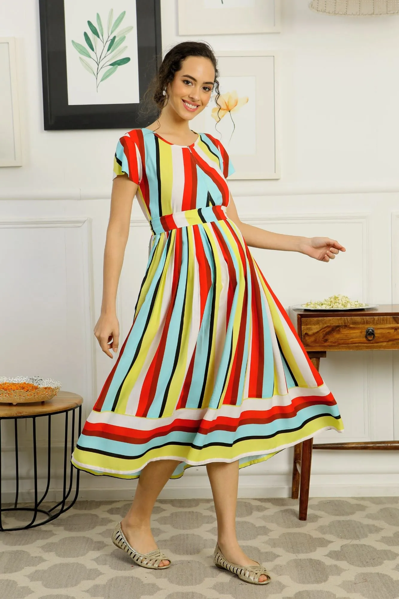 Retro Colorful Stripe Maternity & Nursing Dress