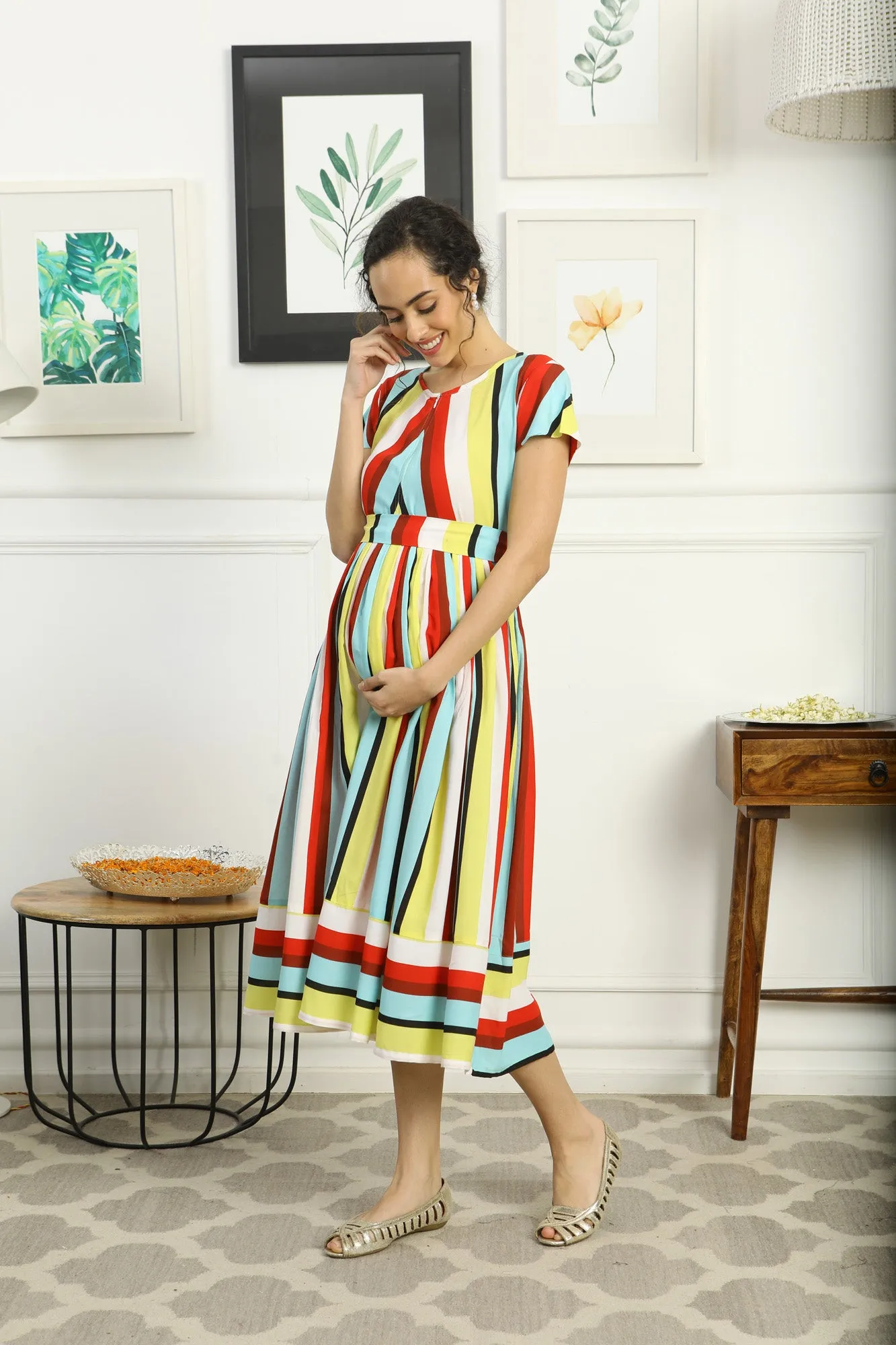 Retro Colorful Stripe Maternity & Nursing Dress