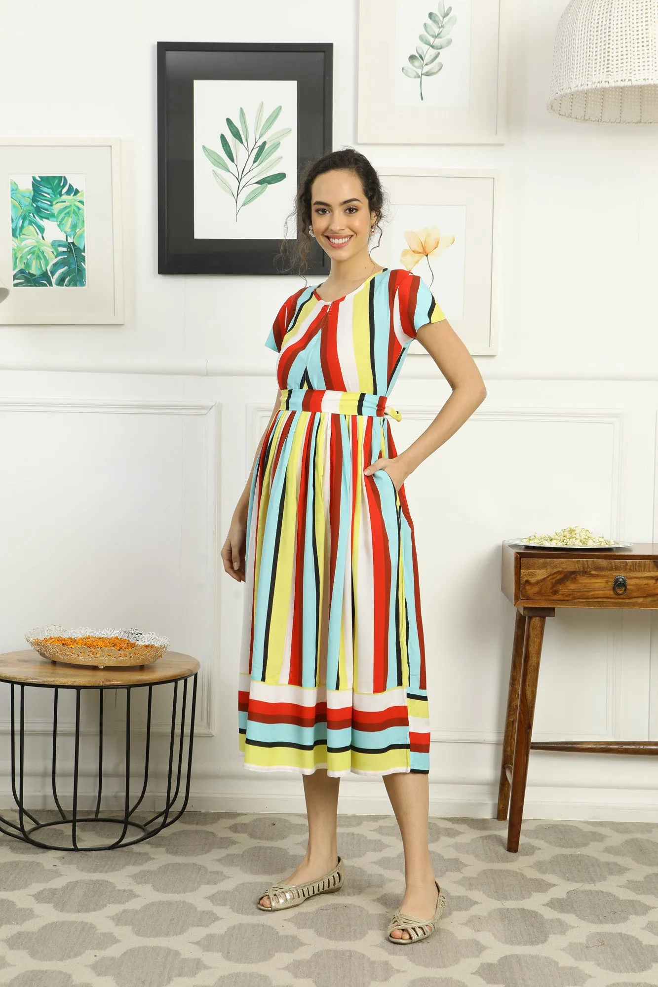 Retro Colorful Stripe Maternity & Nursing Dress