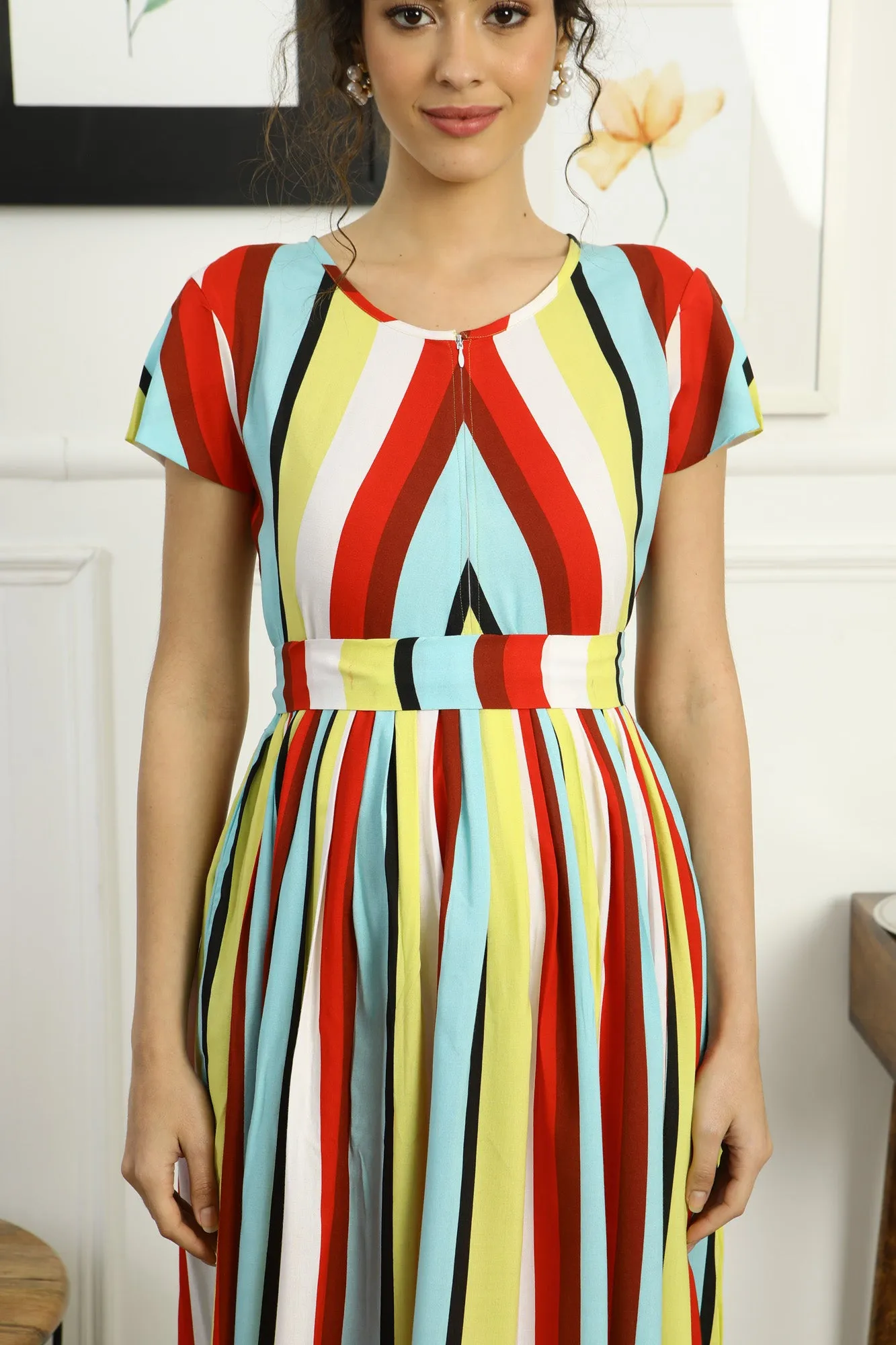 Retro Colorful Stripe Maternity & Nursing Dress