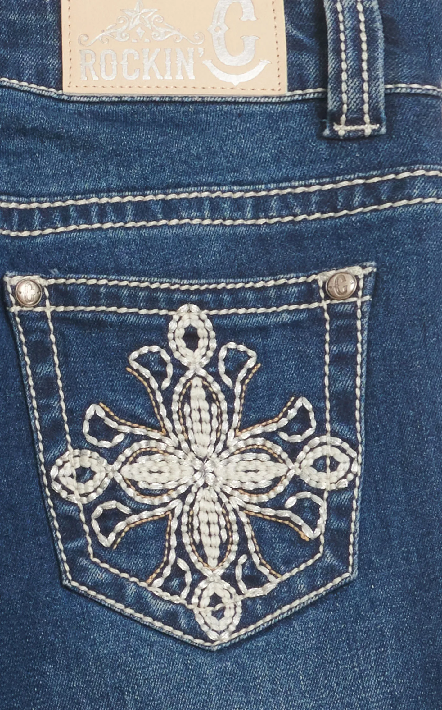 Rockin' C Girl's Dark Wash Embroidery Medallion Cross Boot Cut Jeans