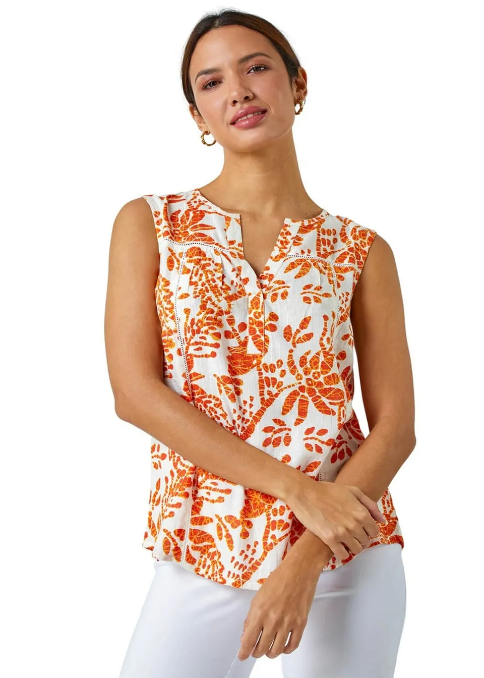 Roman Orange Sleeveless V-Neck Floral Print Vest