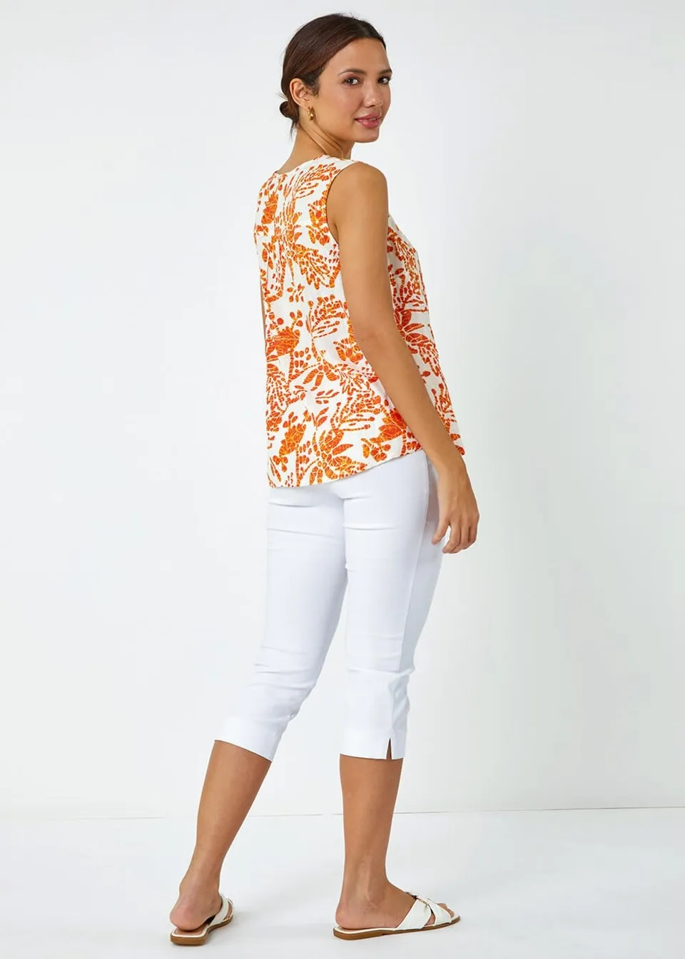 Roman Orange Sleeveless V-Neck Floral Print Vest