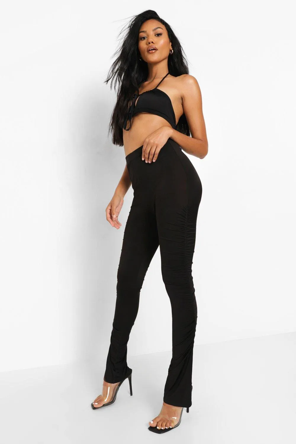 Ruched Leg And Bum Split Hem Leggings