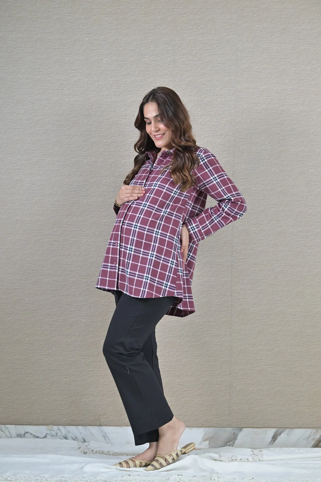 Sangria Check Maternity & Nursing Top