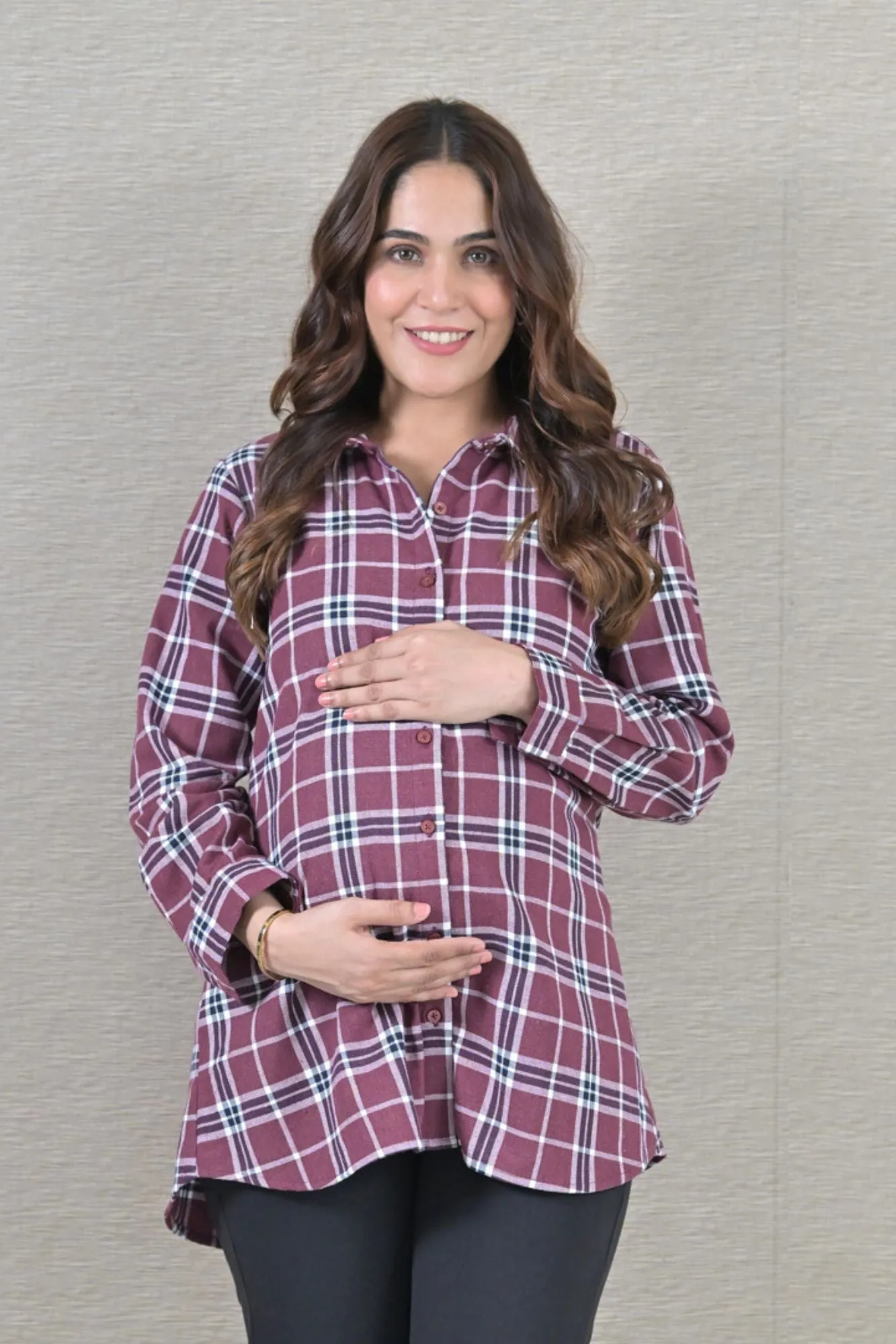 Sangria Check Maternity & Nursing Top