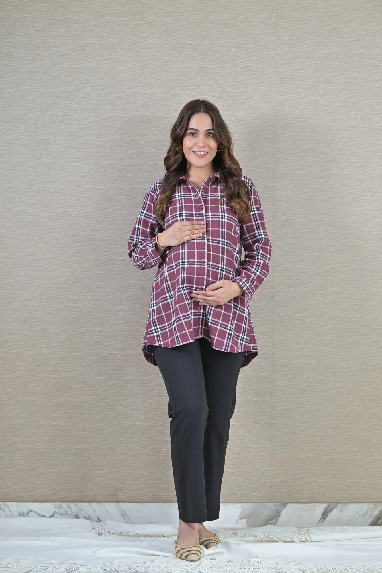 Sangria Check Maternity & Nursing Top