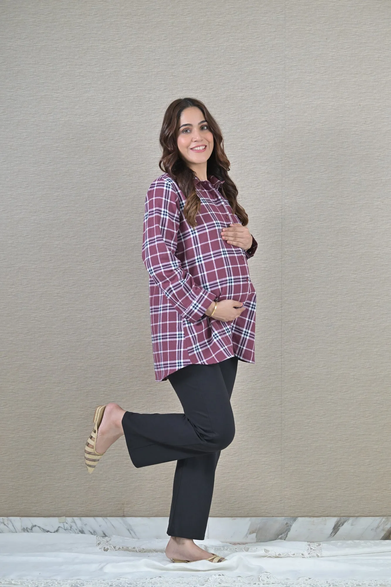 Sangria Check Maternity & Nursing Top