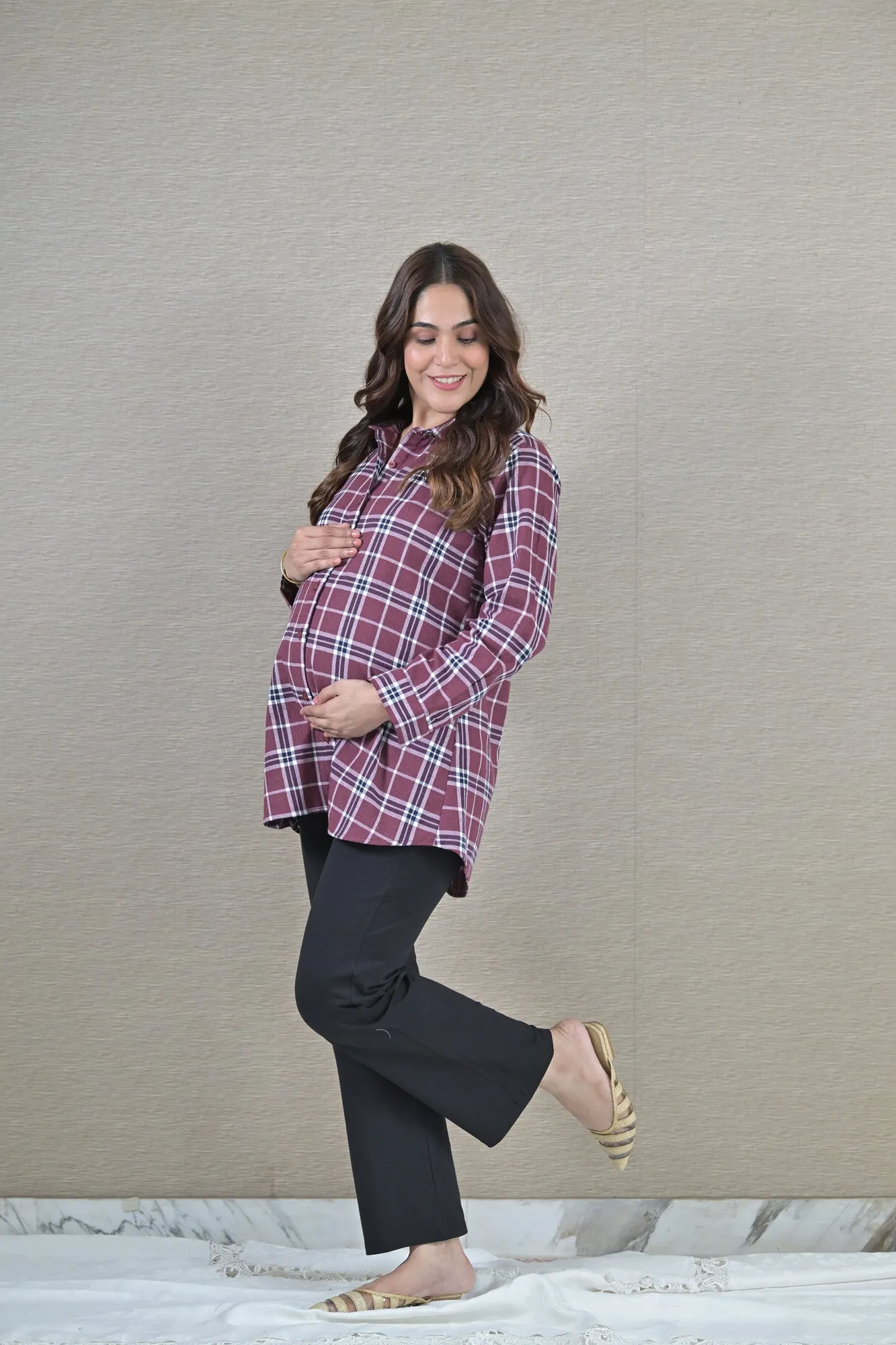 Sangria Check Maternity & Nursing Top