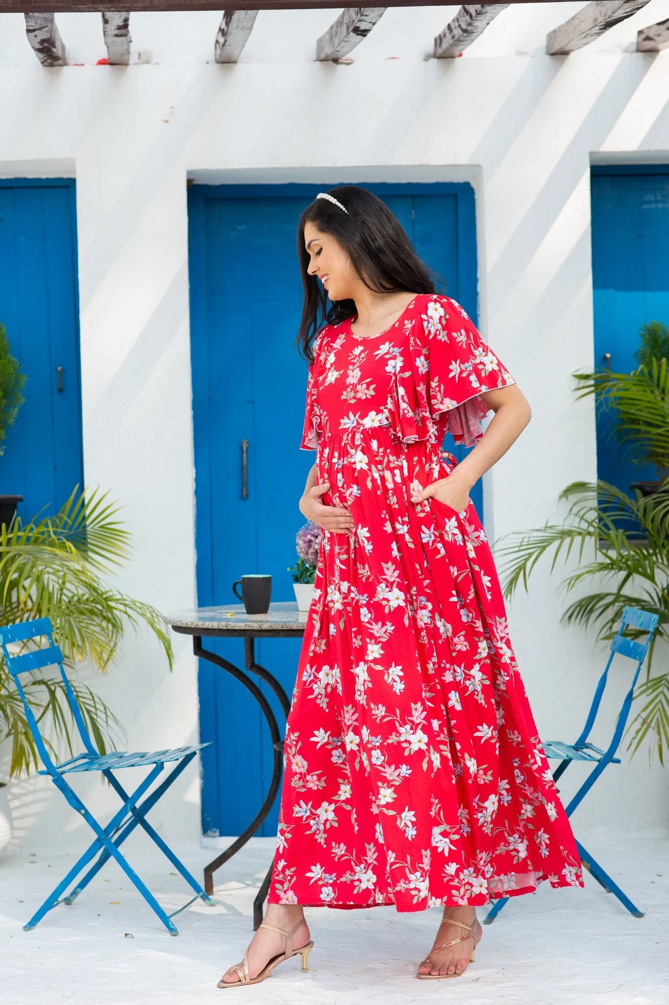 Scarlet Flowy Maternity & Nursing Flap Dress