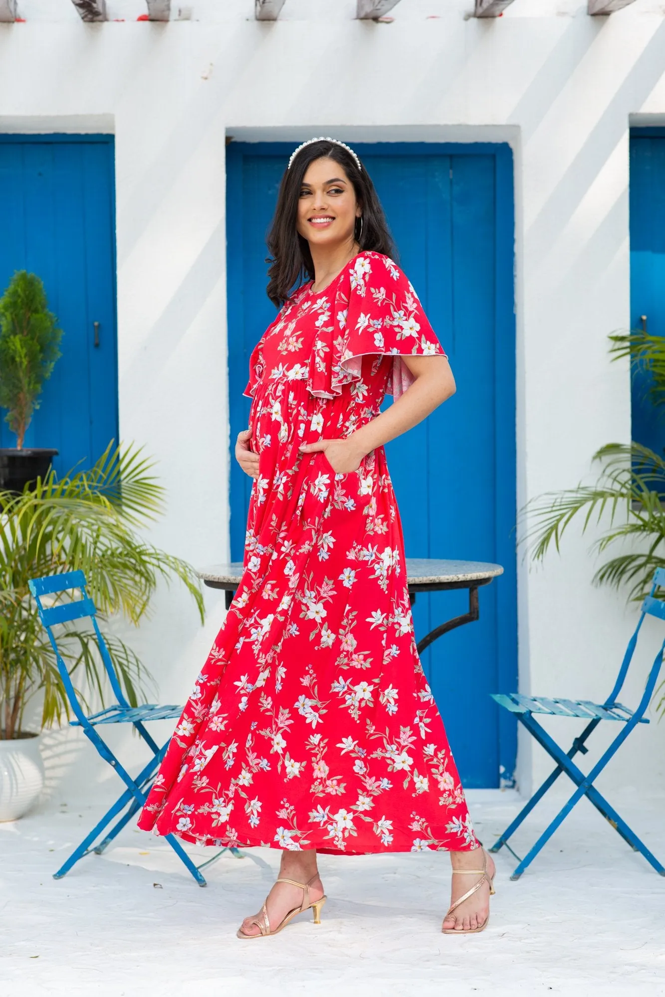 Scarlet Flowy Maternity & Nursing Flap Dress