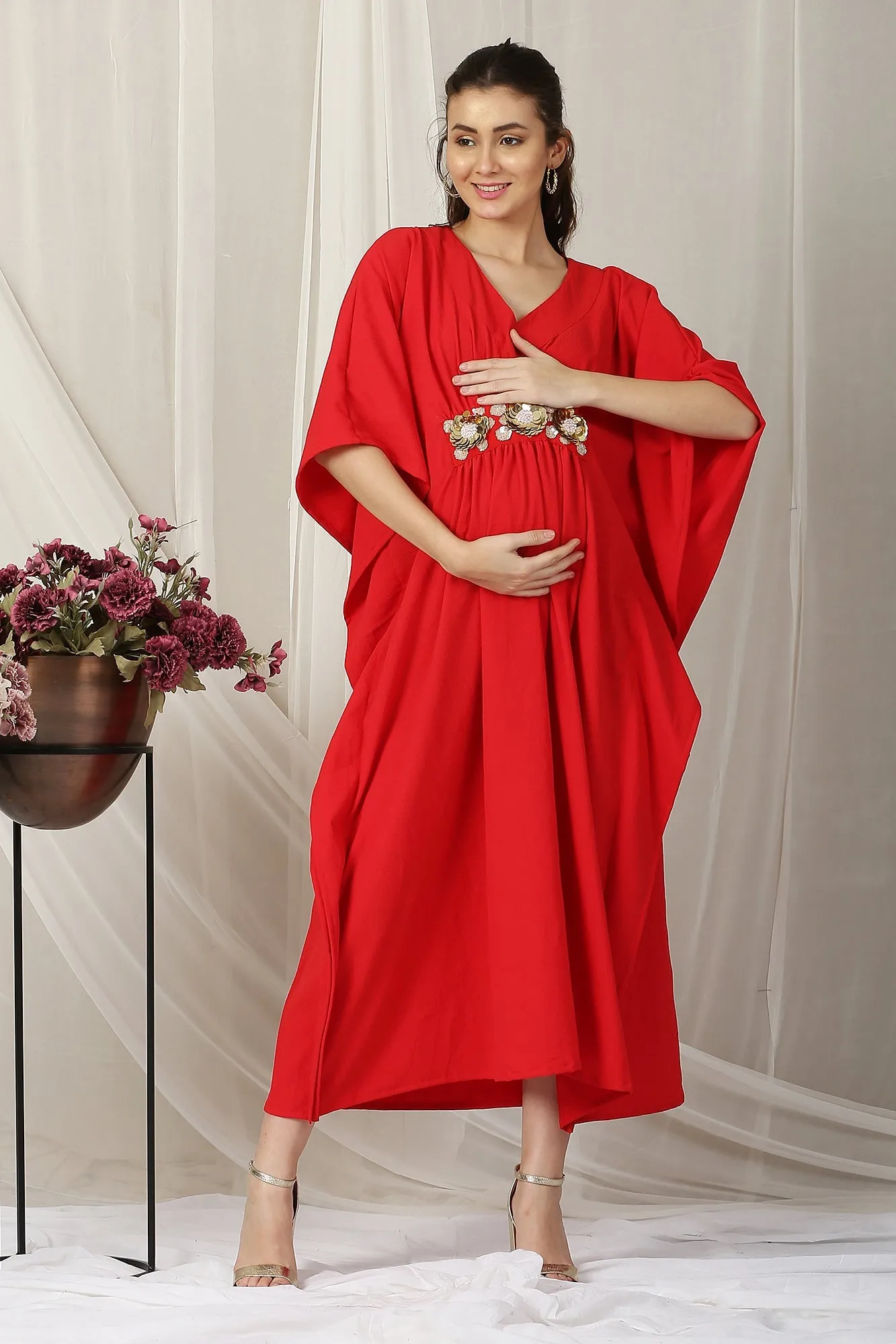 Scarlet Red Maternity Embroidered Kaftan