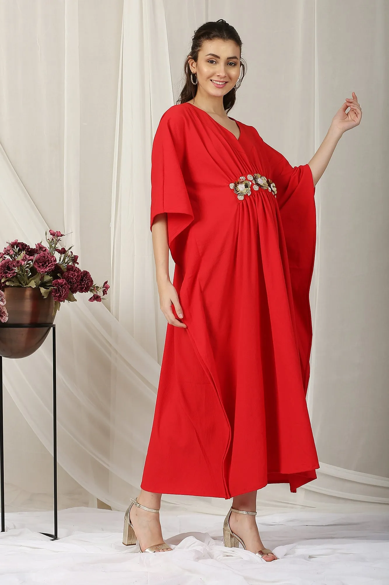 Scarlet Red Maternity Embroidered Kaftan