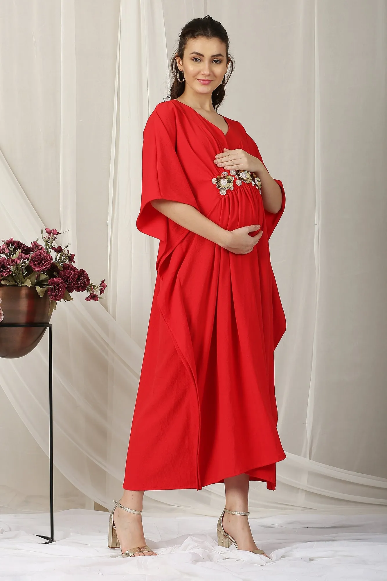 Scarlet Red Maternity Embroidered Kaftan