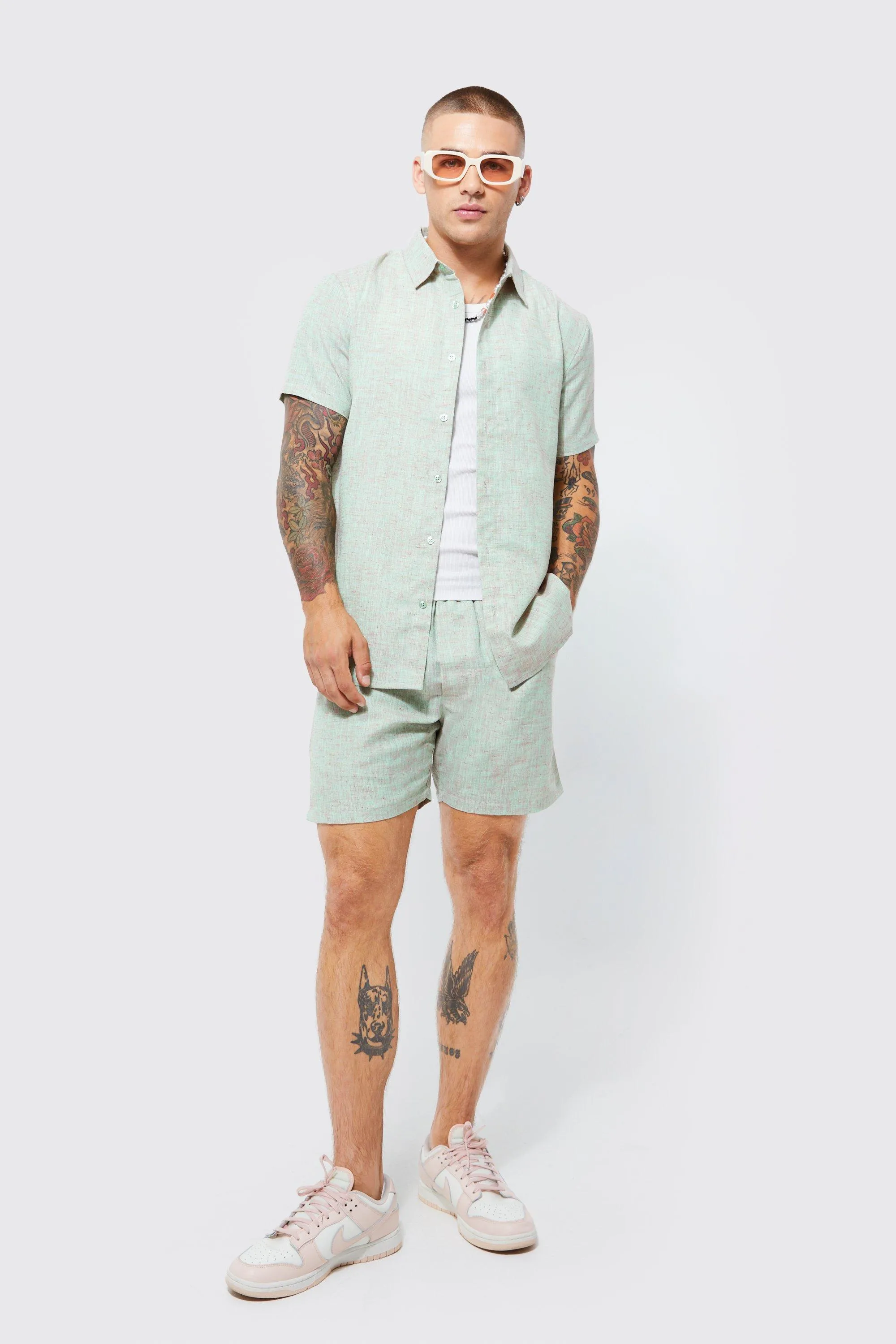 Short Sleeve Contrast Linen Slub Shirt & Short | boohooMAN UK