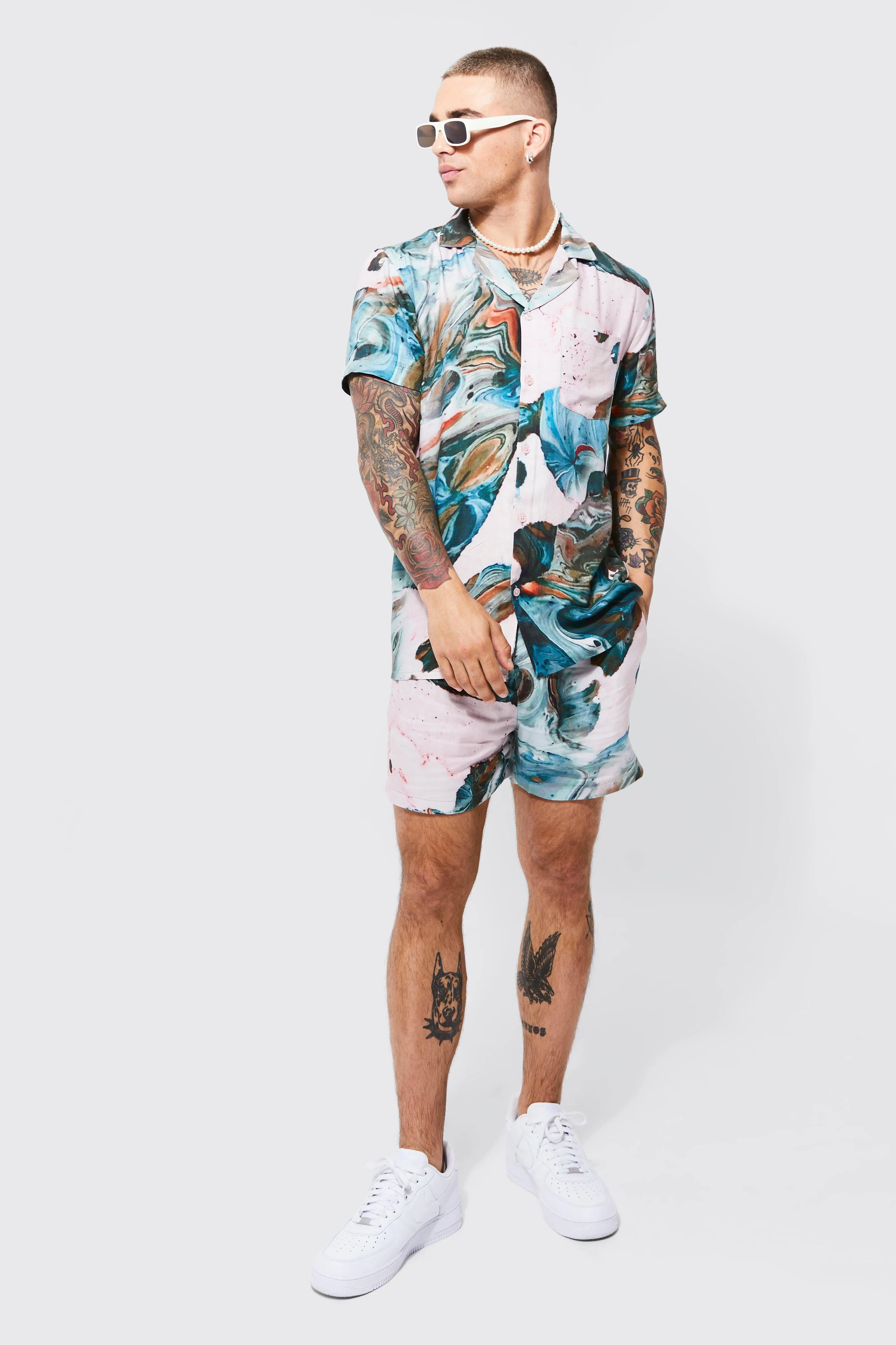 Short Sleeve Marble Shirt And Short Set | boohooMAN UK