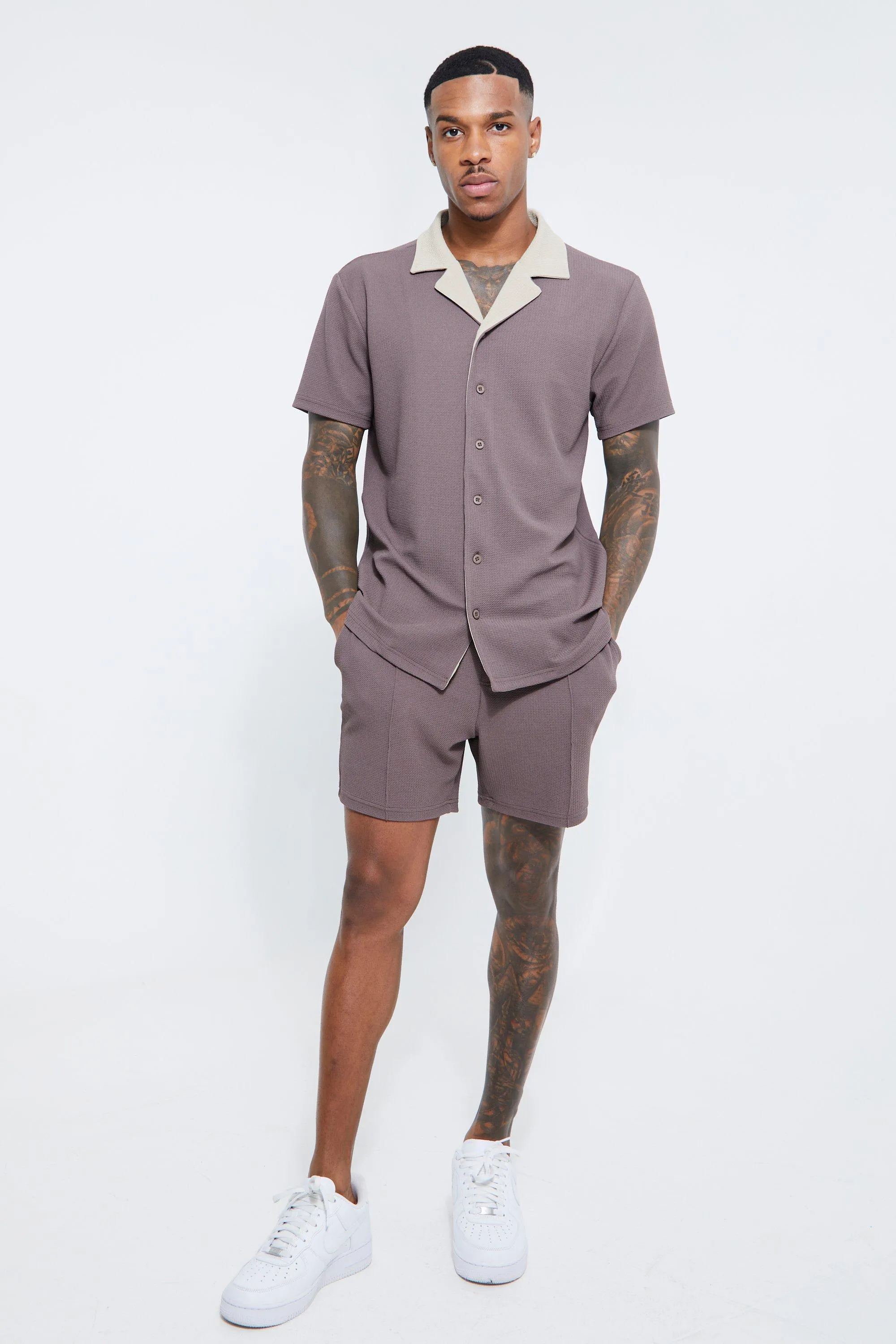 Short Sleeve Textured Jersey Shirt And Short | boohooMAN UK