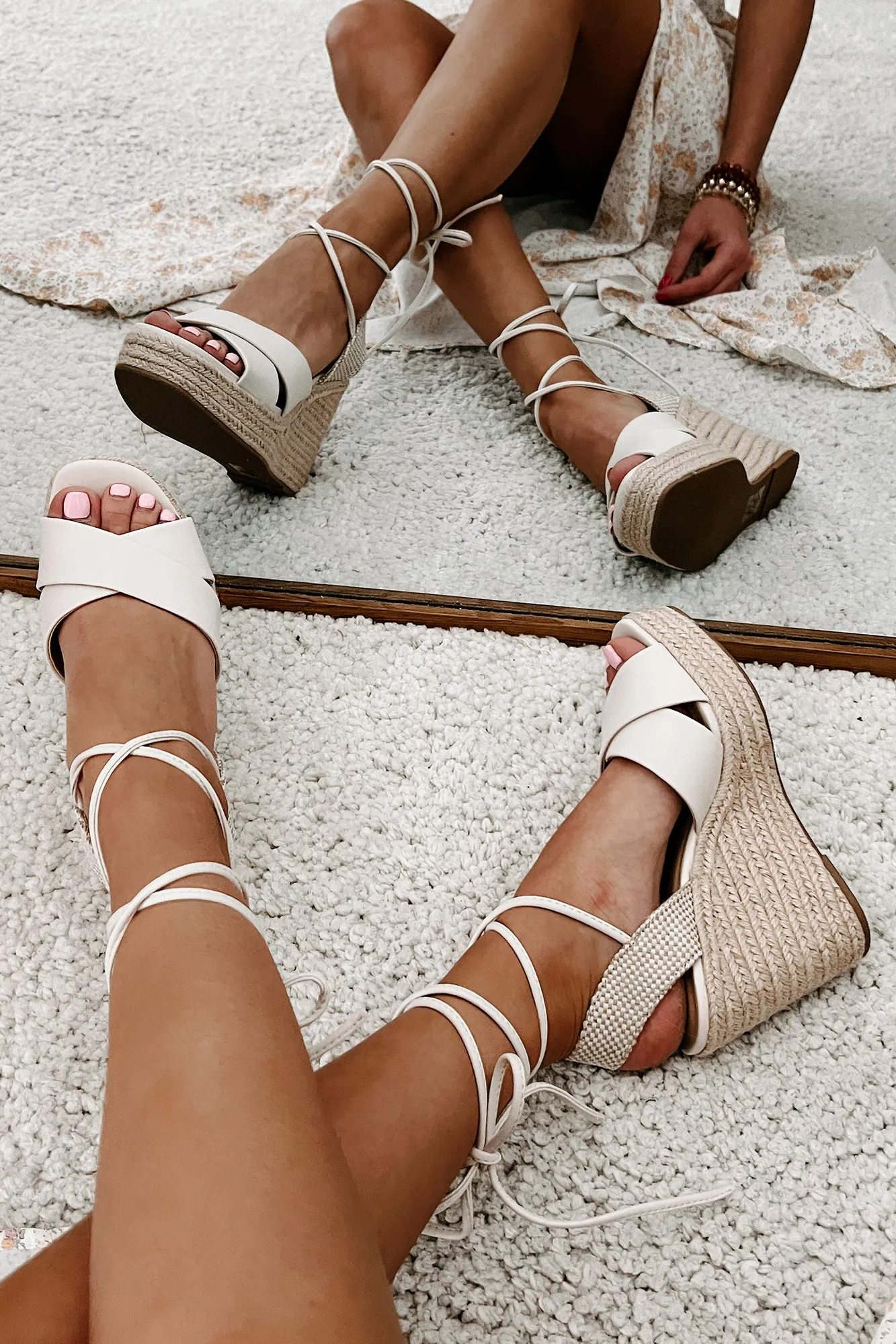 So Sweet Ankle Tie Wedge Sandals (Bone)