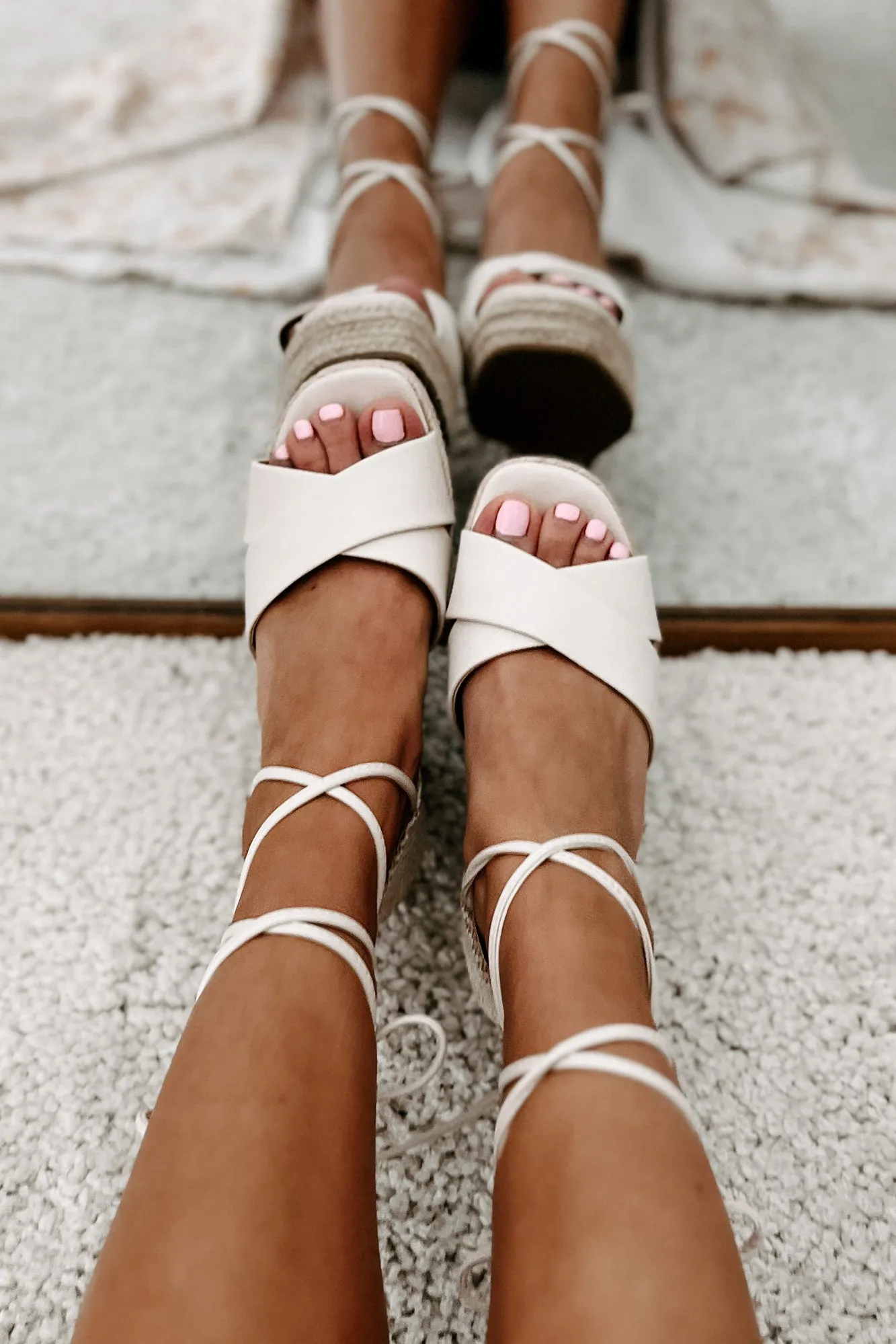 So Sweet Ankle Tie Wedge Sandals (Bone)