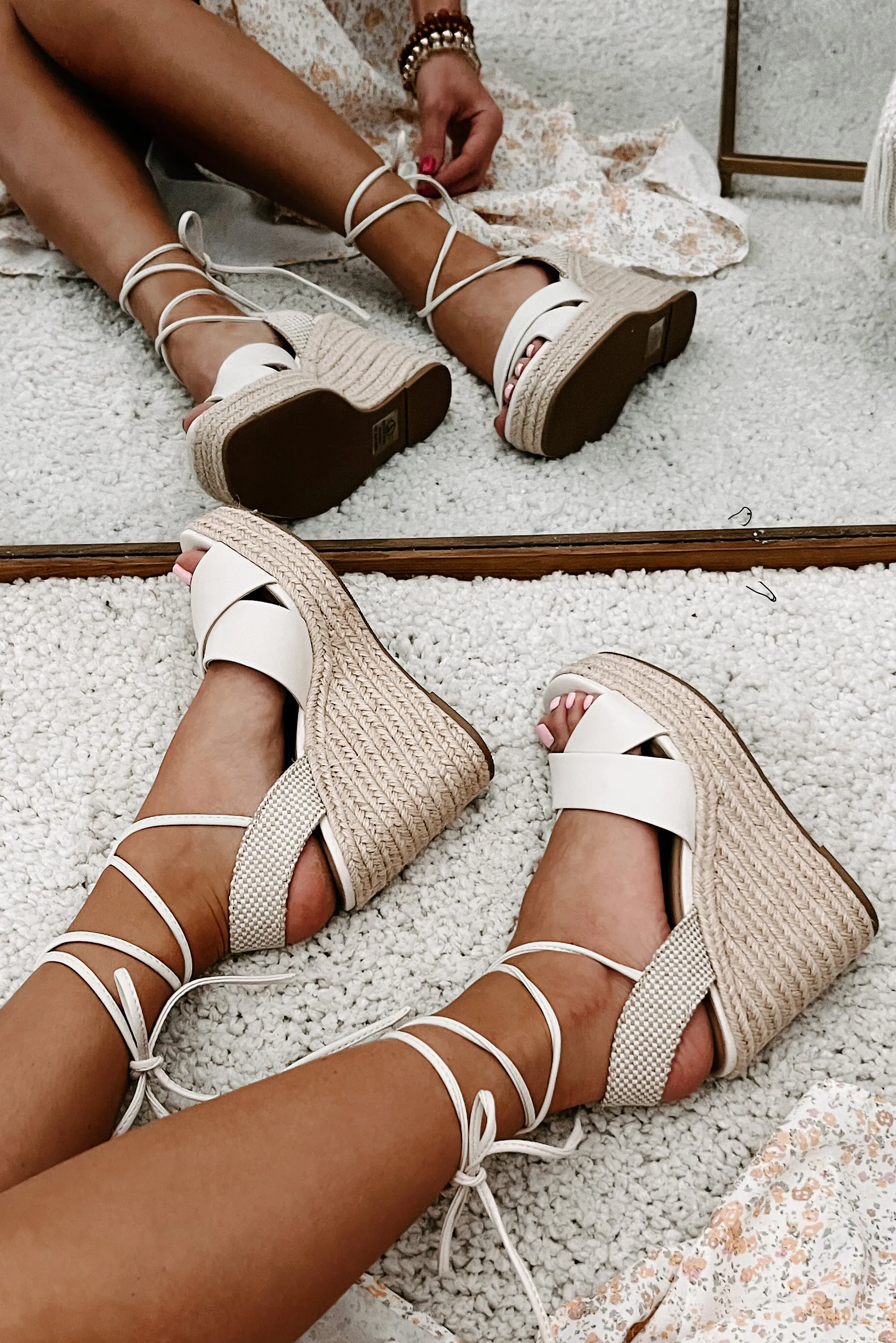 So Sweet Ankle Tie Wedge Sandals (Bone)