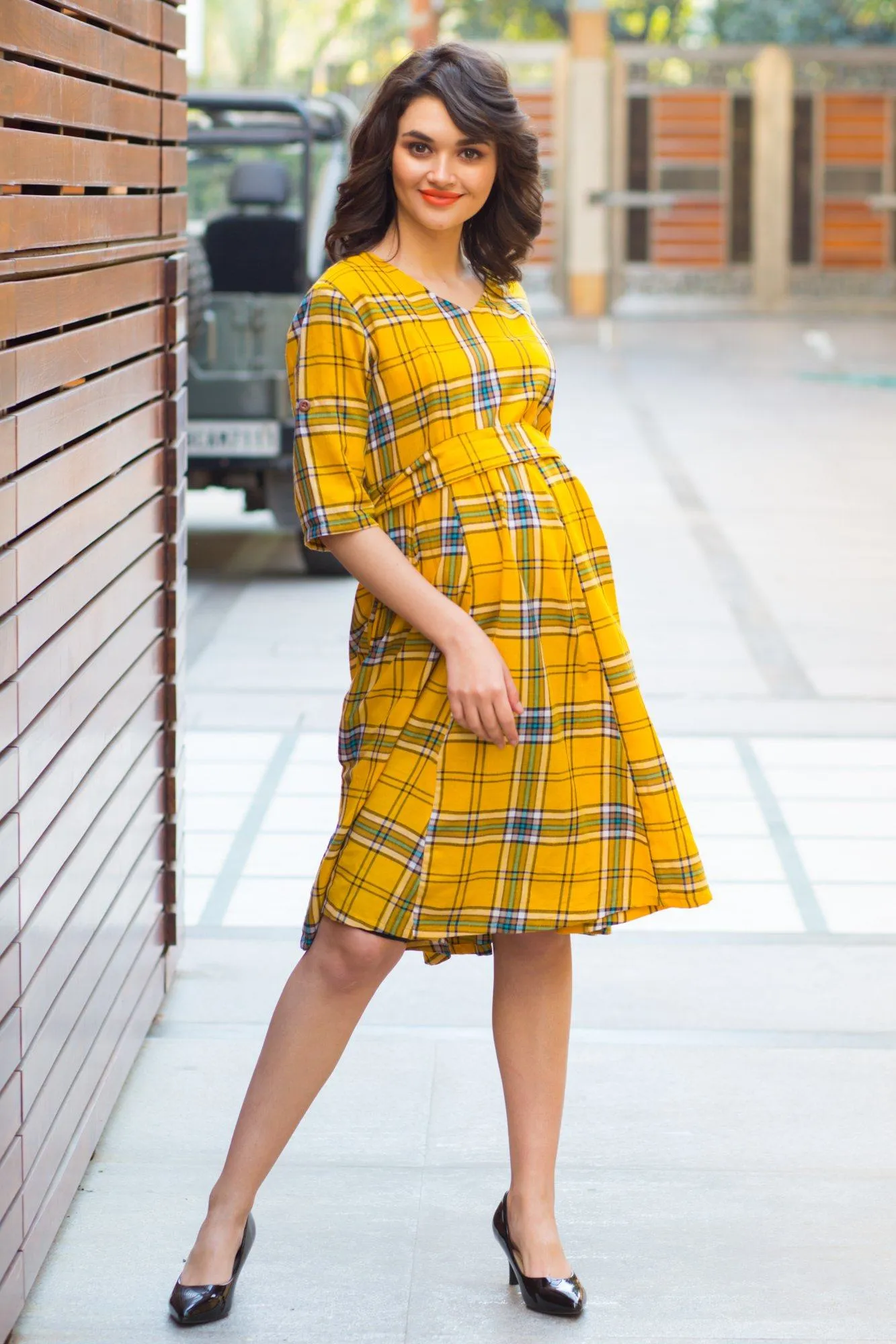 Spring Yellow Cotton Plaid Maternity & Nursing Dress