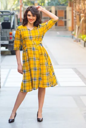 Spring Yellow Cotton Plaid Maternity & Nursing Dress