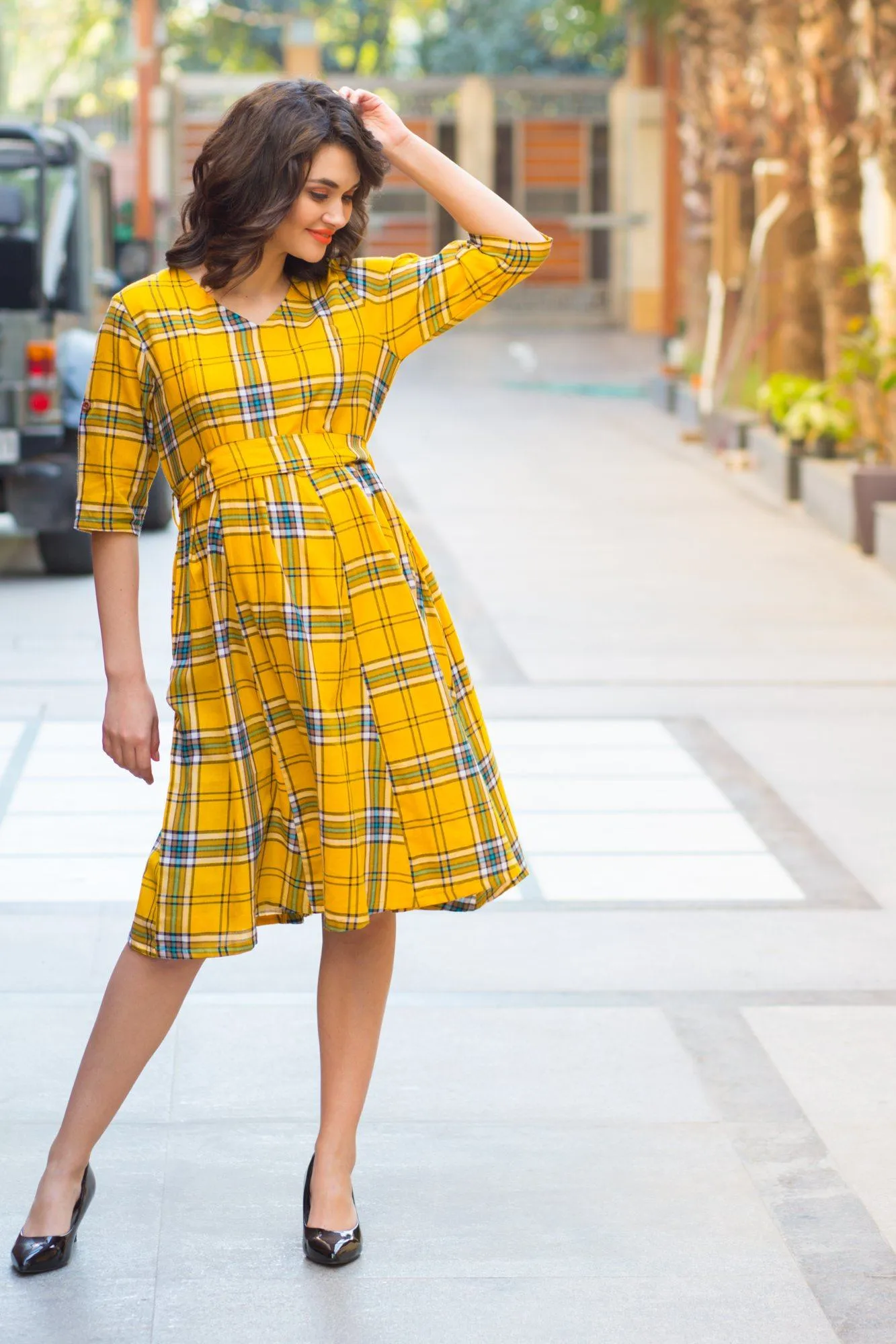 Spring Yellow Cotton Plaid Maternity & Nursing Dress