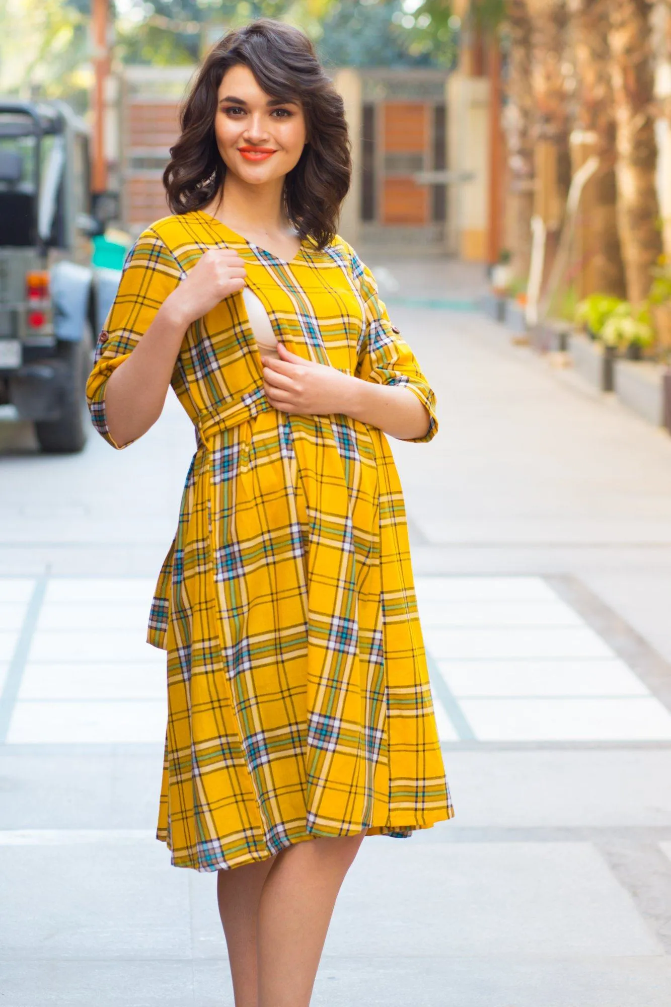 Spring Yellow Cotton Plaid Maternity & Nursing Dress