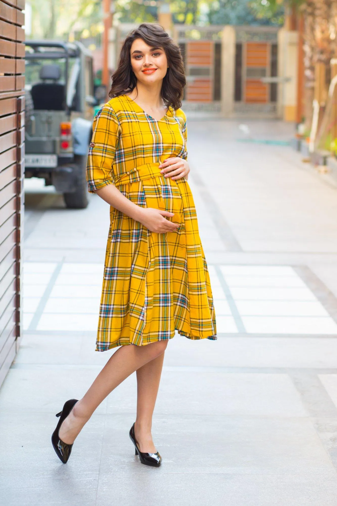 Spring Yellow Cotton Plaid Maternity & Nursing Dress