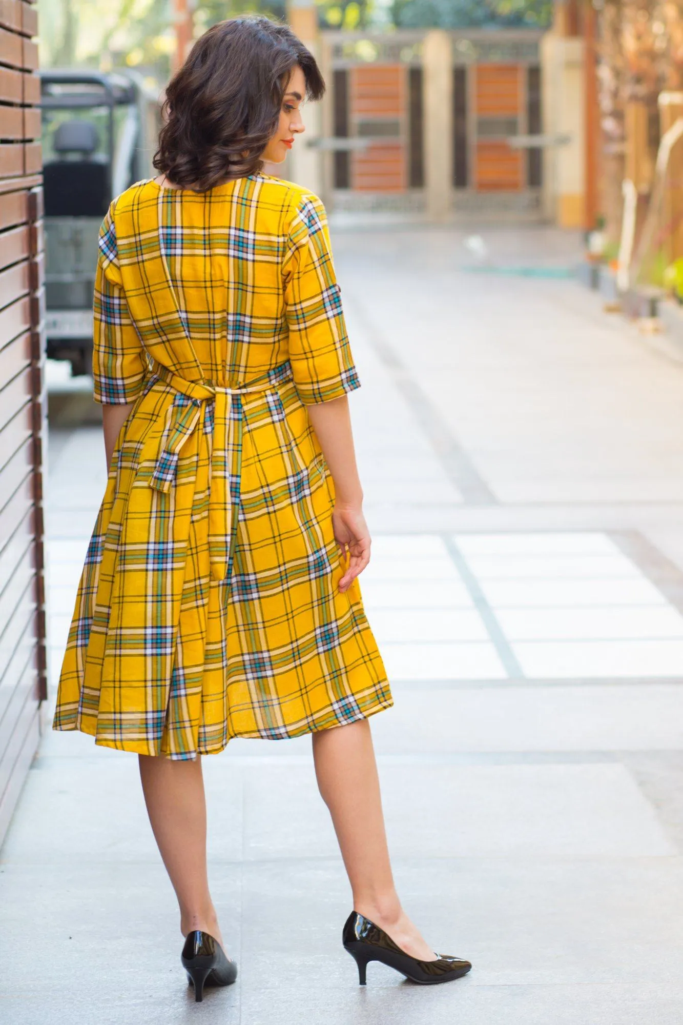 Spring Yellow Cotton Plaid Maternity & Nursing Dress