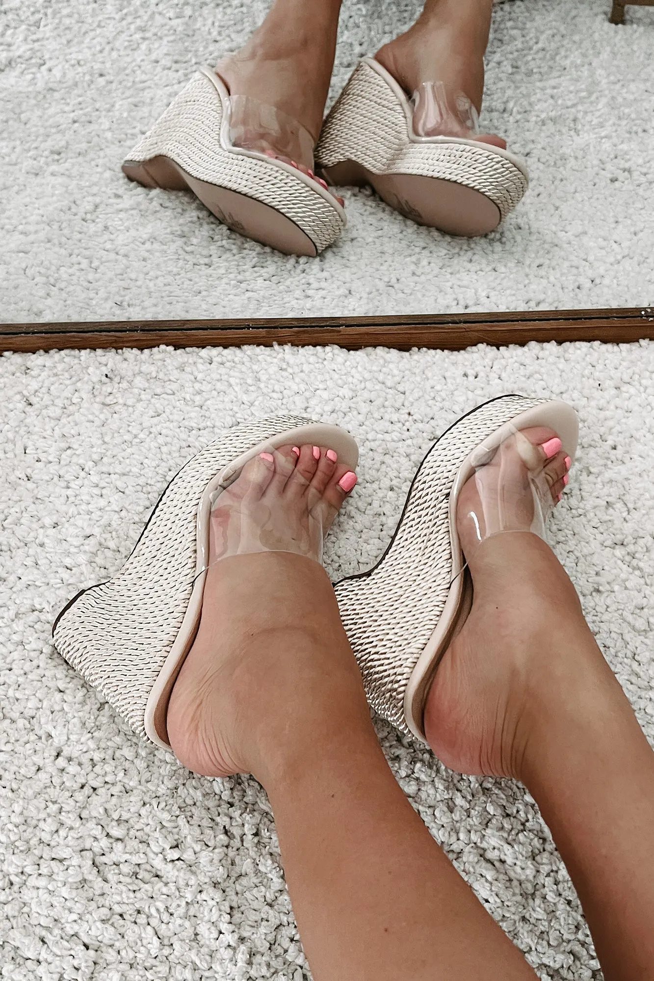 Sweet Attraction Clear Strap Braided Wedge Sandals (Nude)