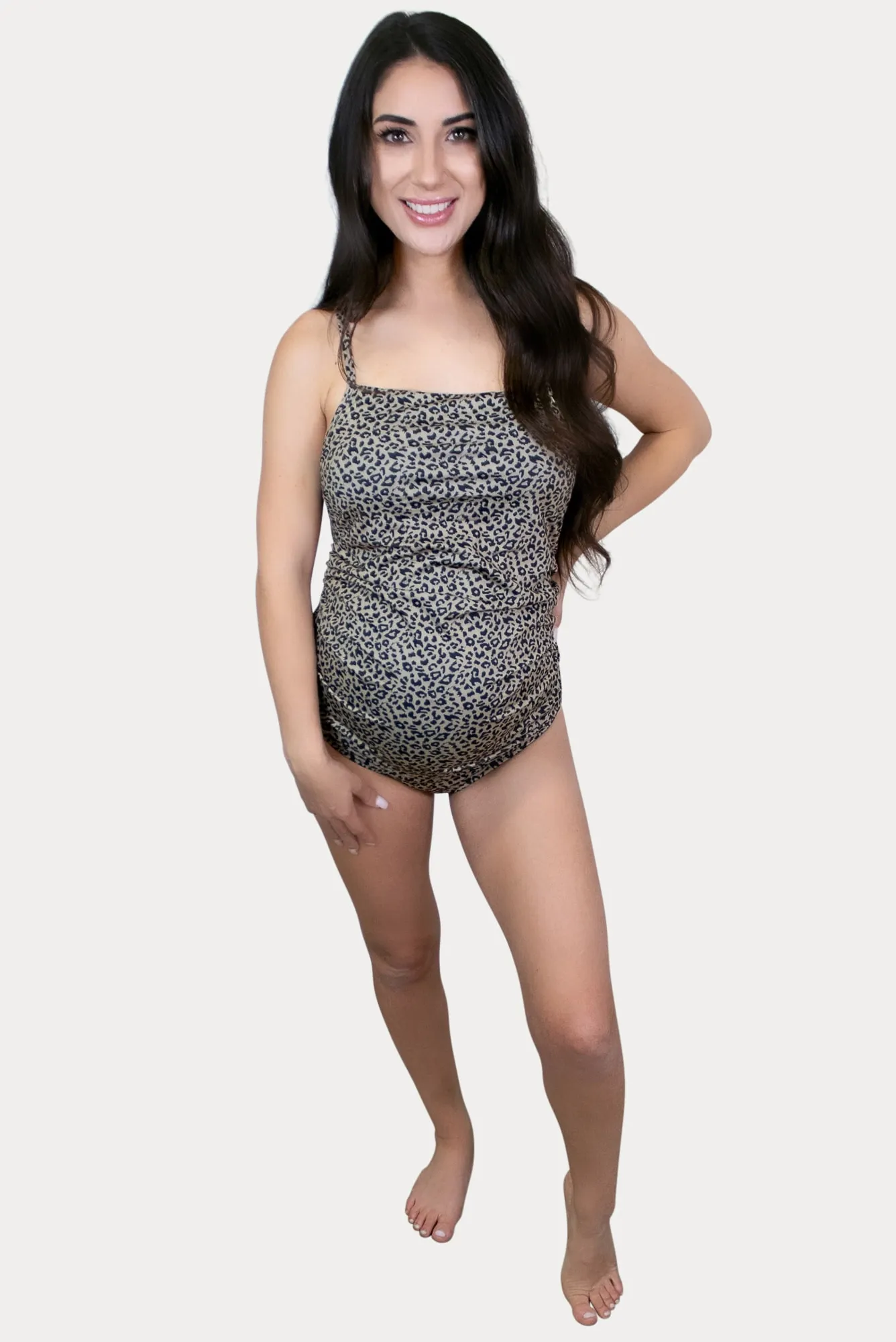 Thin Strap Leopard Maternity Swimsuit in Tan