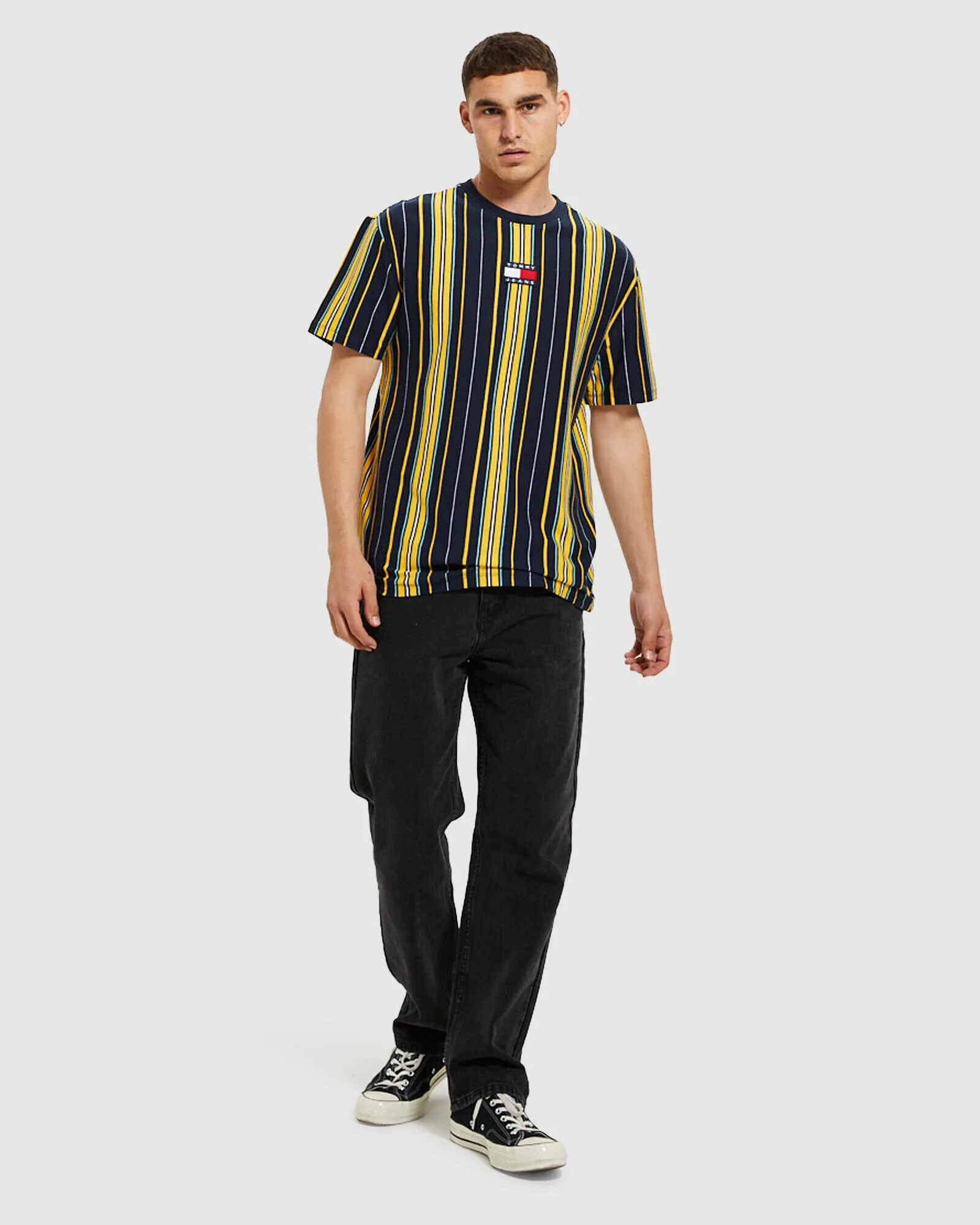 Tommy Jeans TJM Centre Badge Stripe T-Shirt Twilight Navy/Yellow