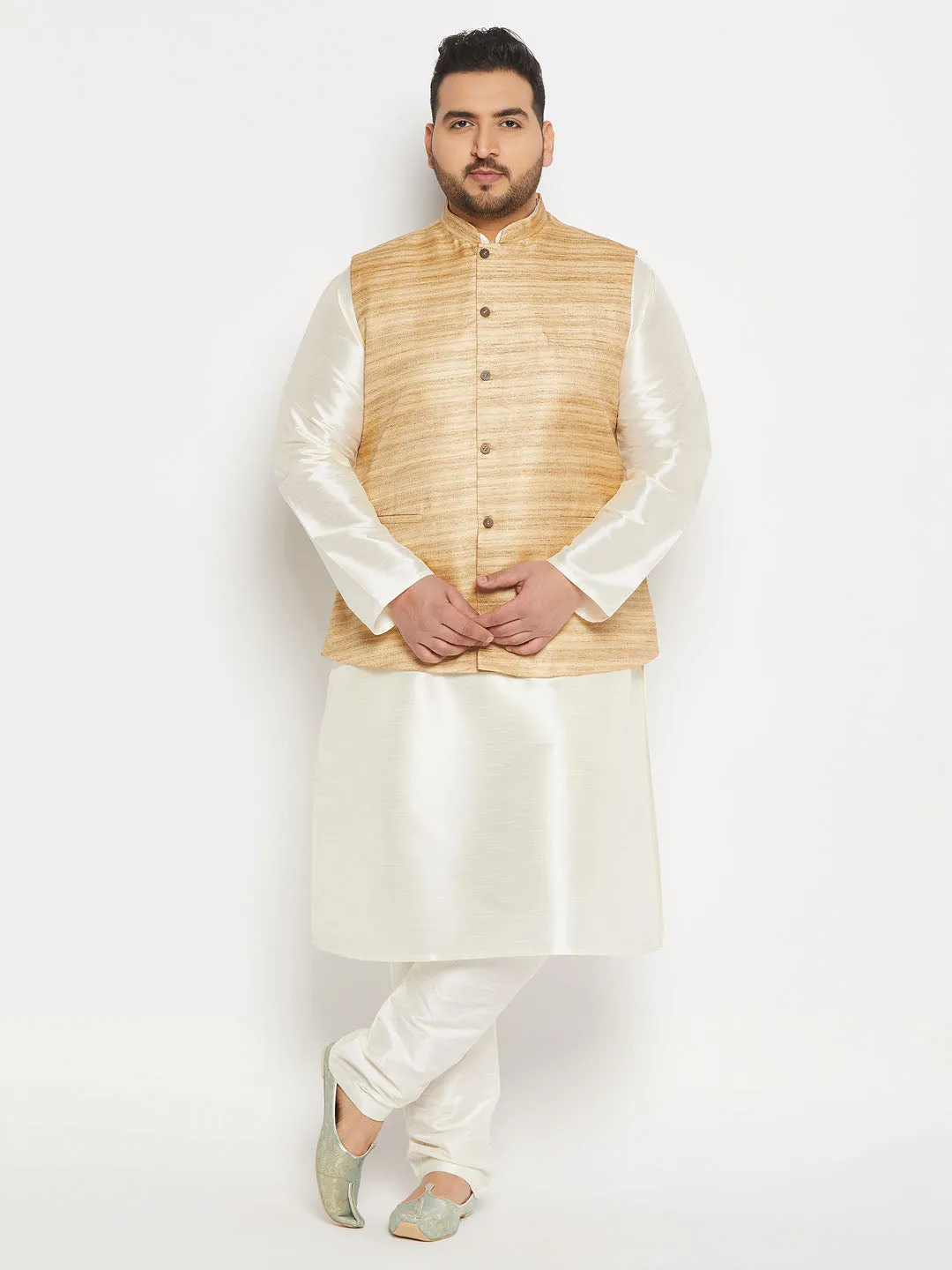 VASTRAMAY Men's Plus Size Beige Matka Silk Nehru Jacket With Cream Silk Blend Kurta andPant style Pyjama Set