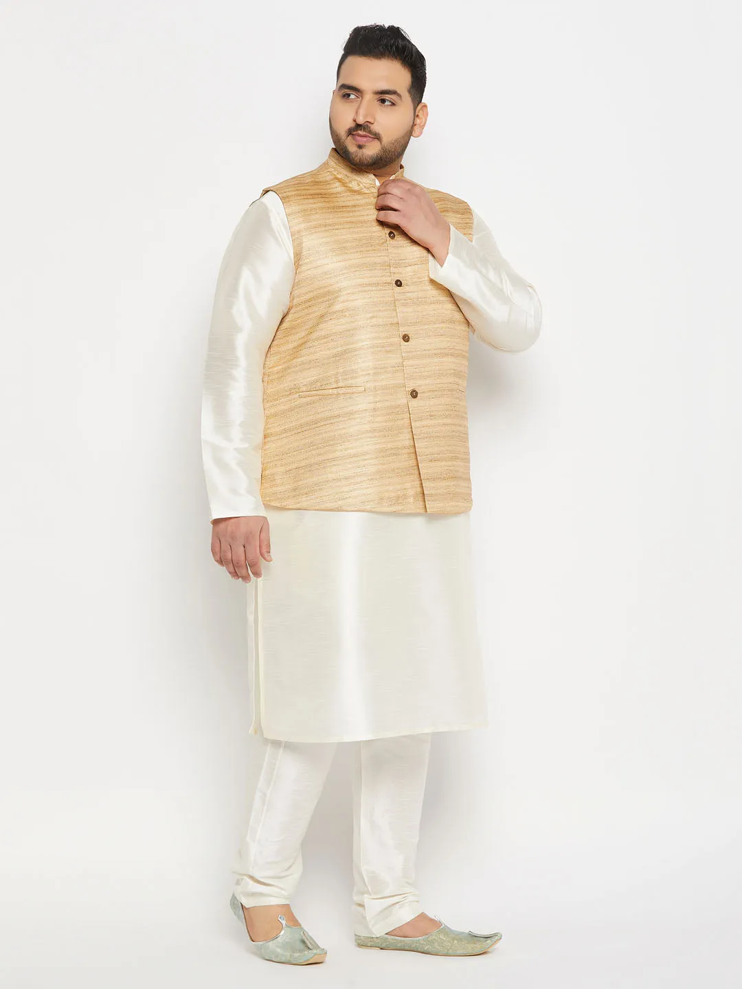 VASTRAMAY Men's Plus Size Beige Matka Silk Nehru Jacket With Cream Silk Blend Kurta andPant style Pyjama Set