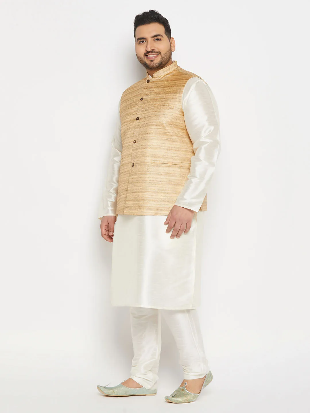 VASTRAMAY Men's Plus Size Beige Matka Silk Nehru Jacket With Cream Silk Blend Kurta andPant style Pyjama Set