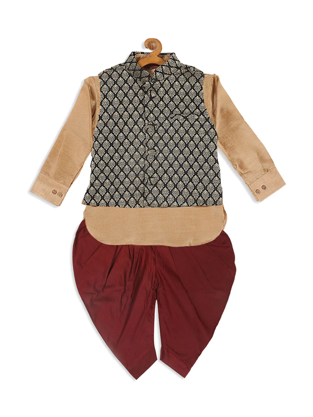 VASTRAMAY SISHU Boy's Black Woven Design Slim Fit Nehru Jacket And Rose Gold Kurta With Maroon Dhoti Set