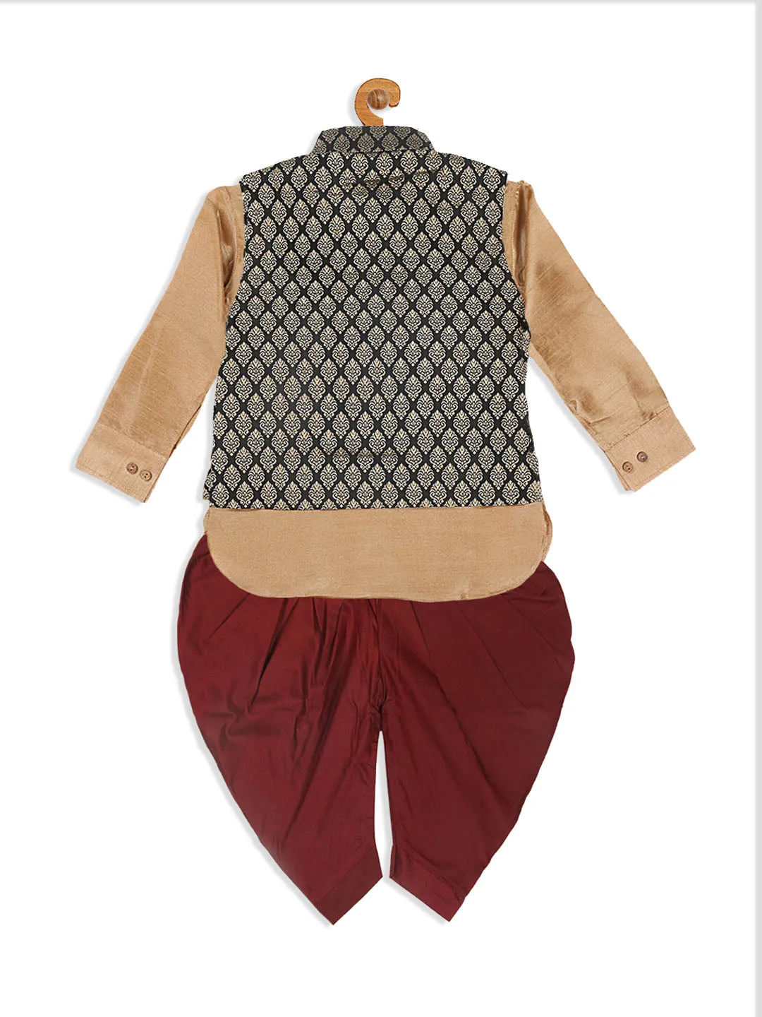 VASTRAMAY SISHU Boy's Black Woven Design Slim Fit Nehru Jacket And Rose Gold Kurta With Maroon Dhoti Set