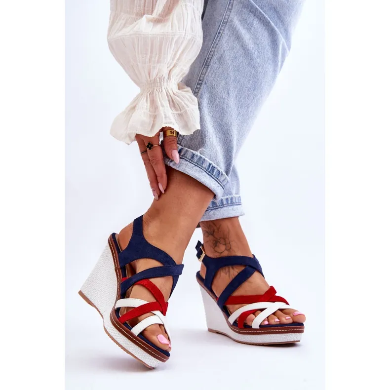 Wedge Sandals With Stripes Navy Blue Ellen multicolored