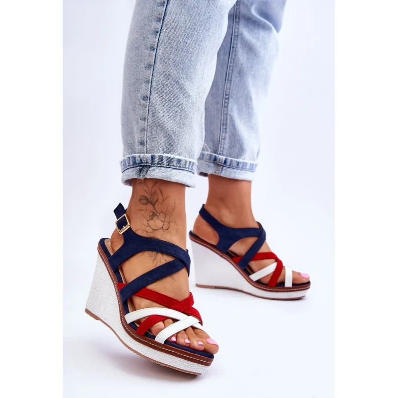 Wedge Sandals With Stripes Navy Blue Ellen multicolored