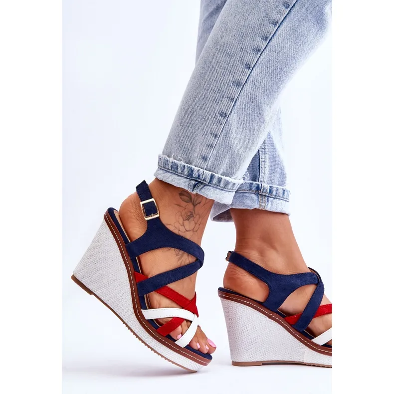 Wedge Sandals With Stripes Navy Blue Ellen multicolored