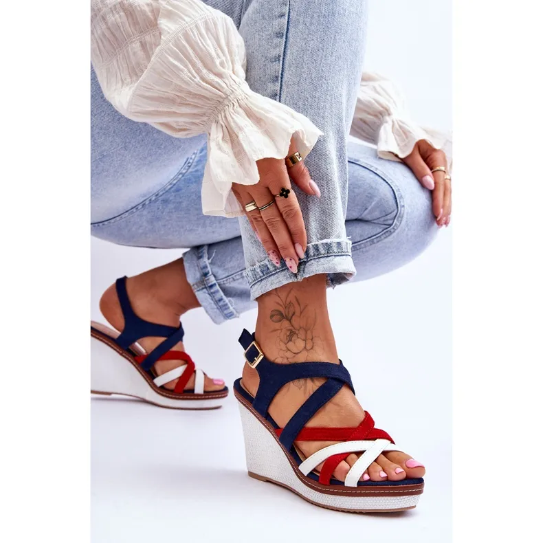 Wedge Sandals With Stripes Navy Blue Ellen multicolored