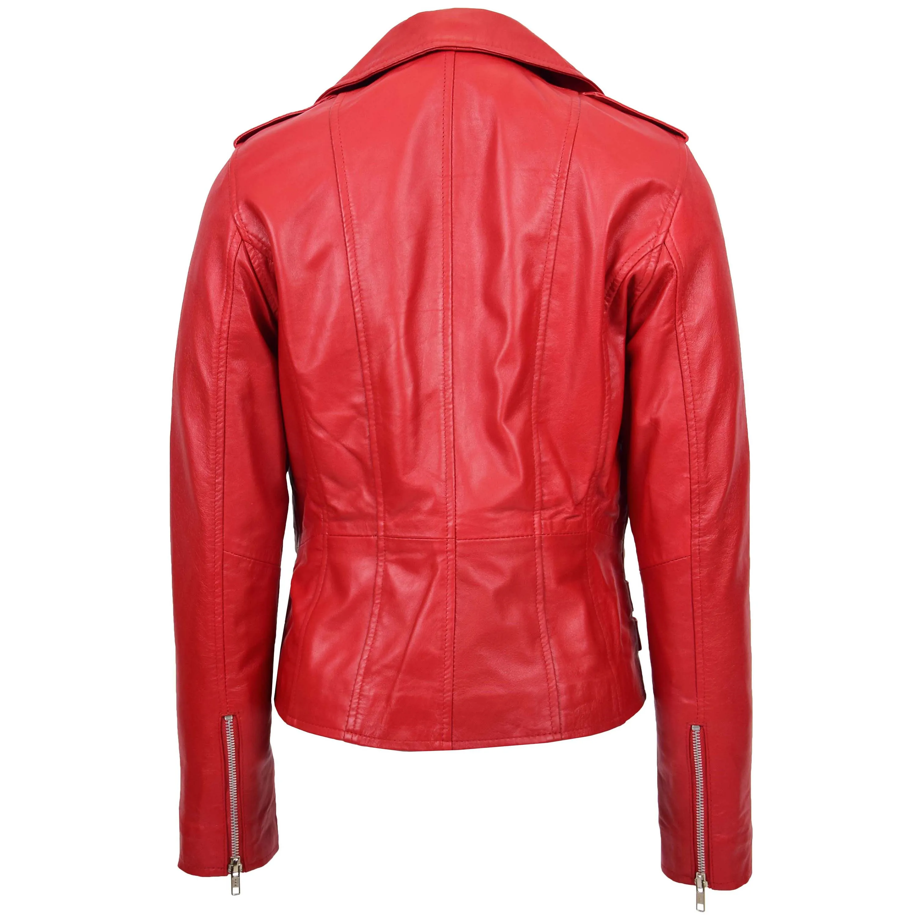 Womens Cross Zip Biker Leather Jacket Cara Red