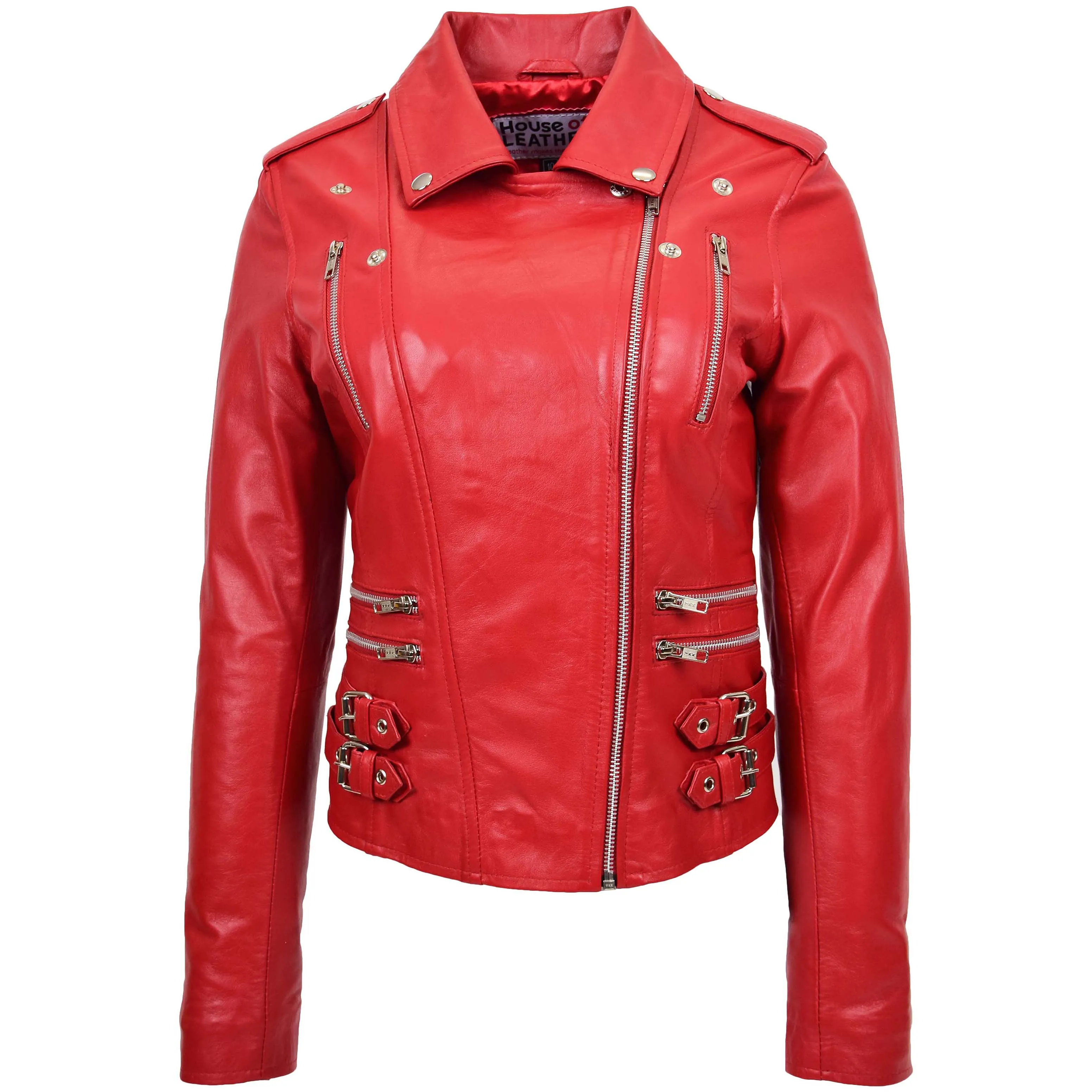 Womens Cross Zip Biker Leather Jacket Cara Red