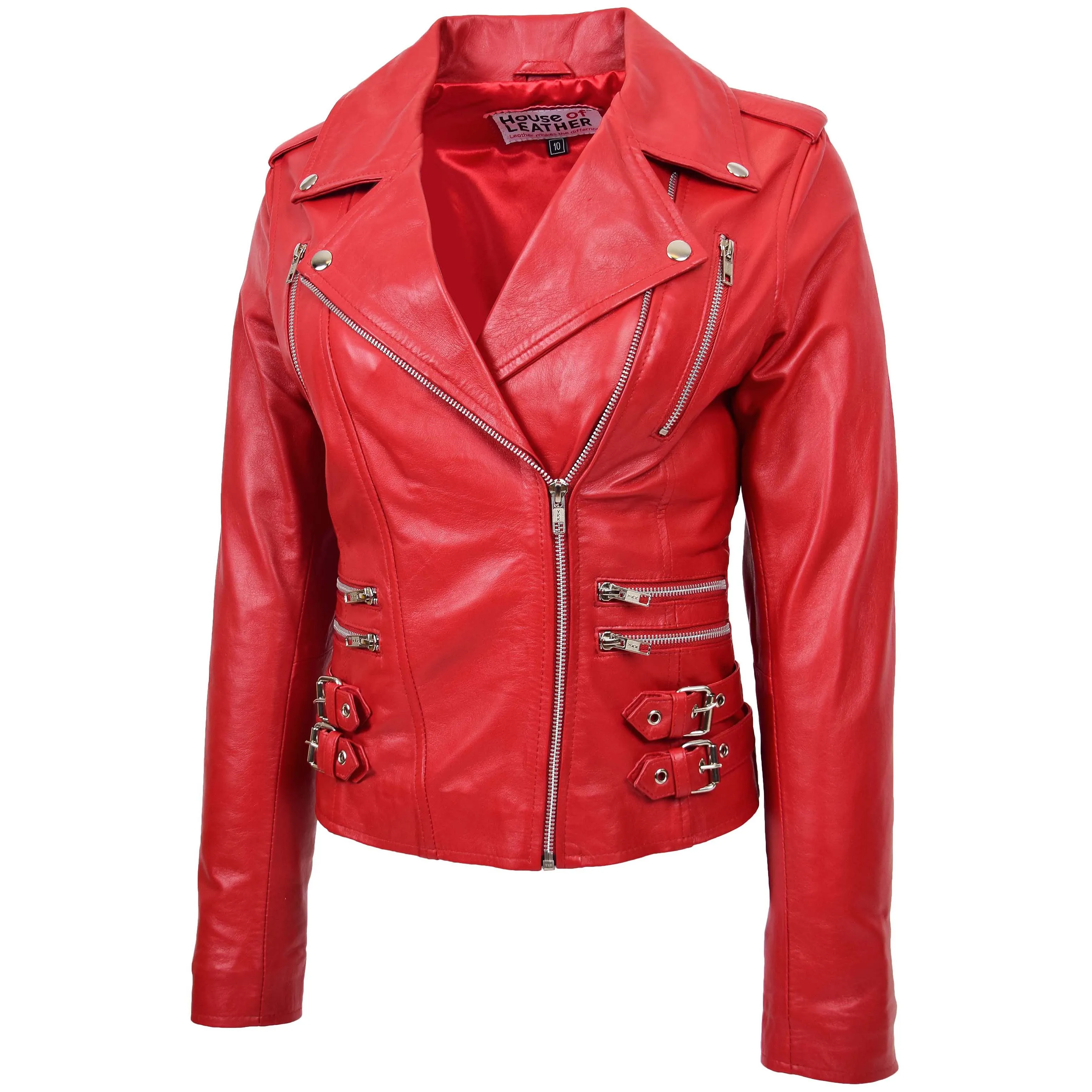 Womens Cross Zip Biker Leather Jacket Cara Red