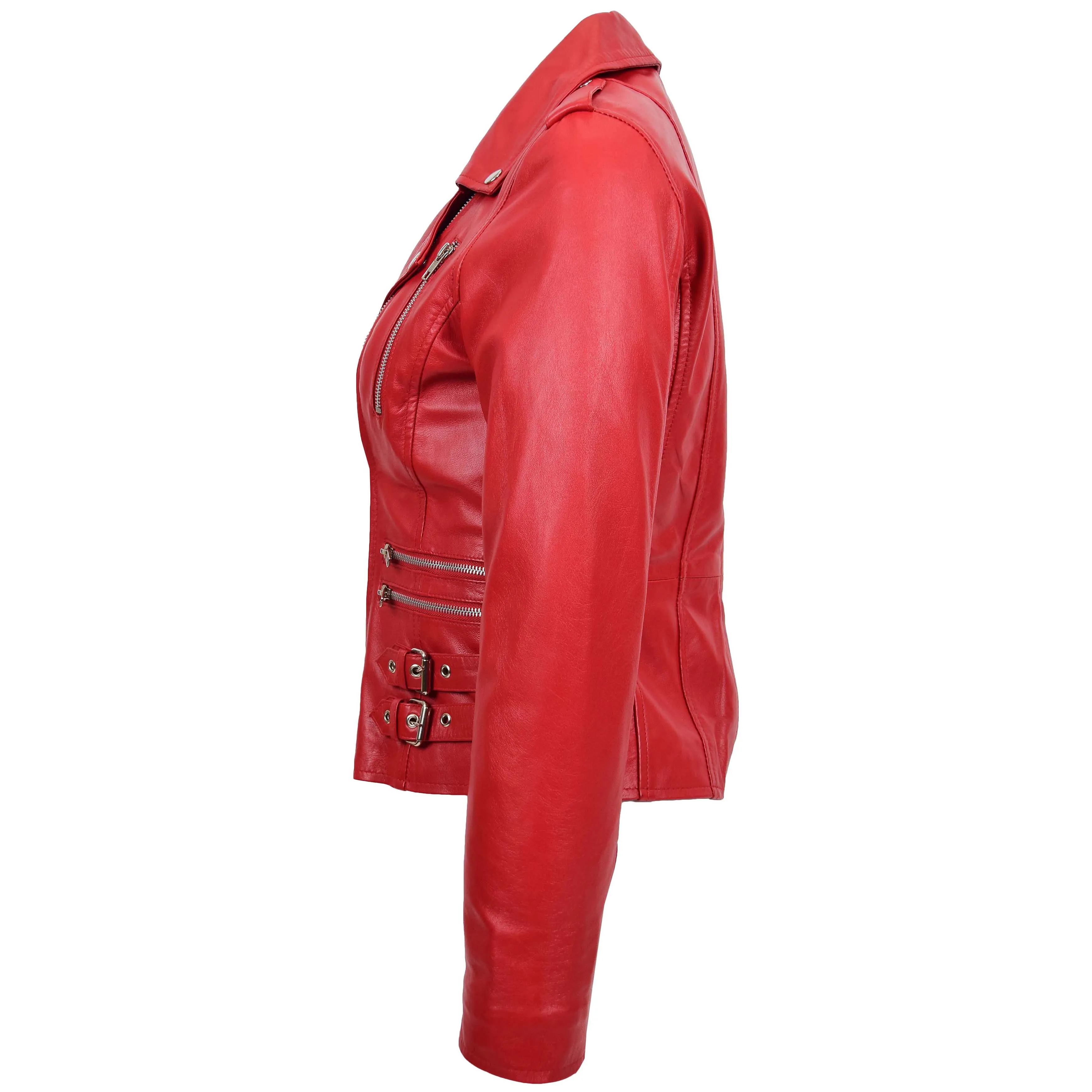 Womens Cross Zip Biker Leather Jacket Cara Red