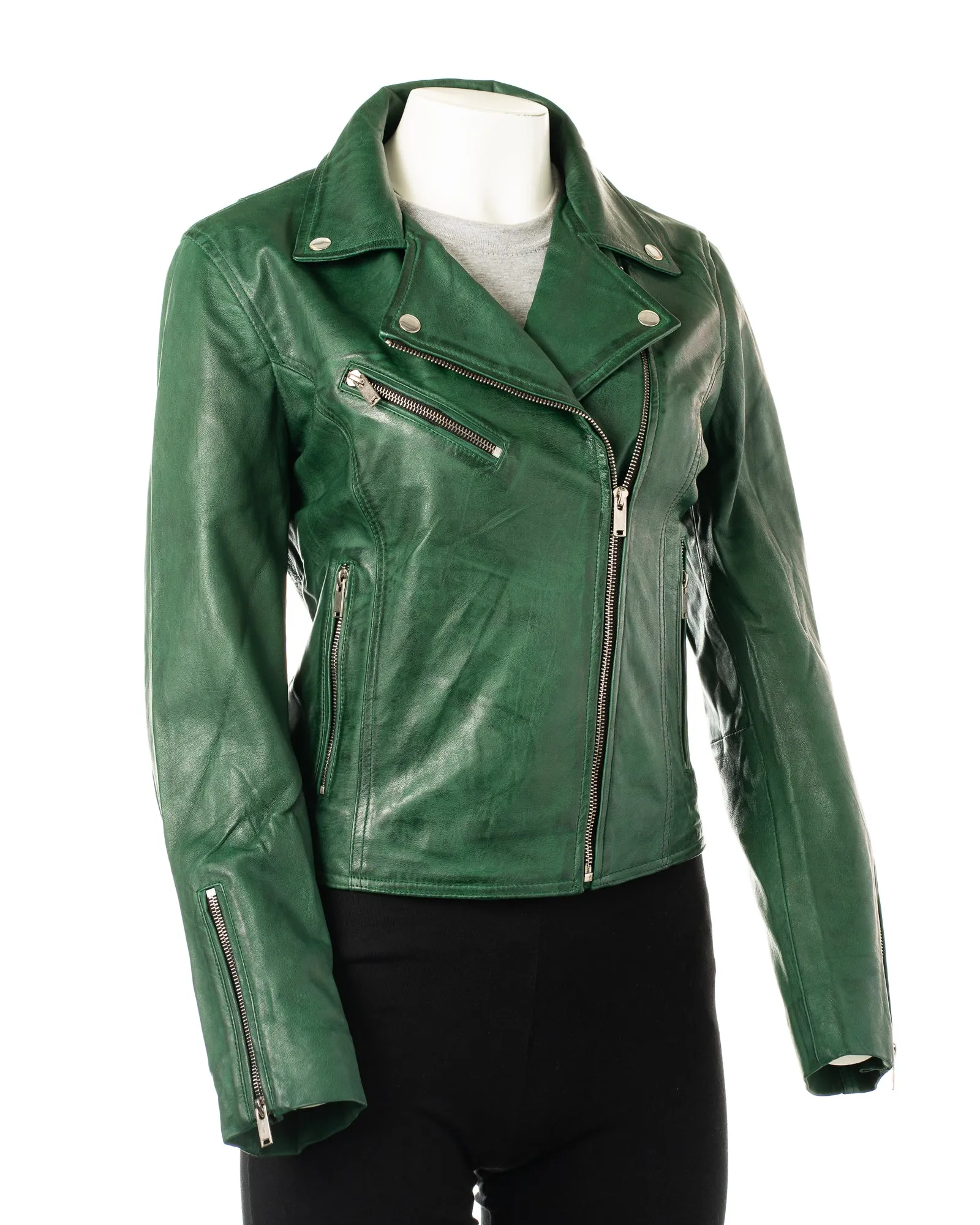 Women's Green Simple Asymmetric Leather Biker Jacket: Brigida