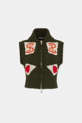 Wool Shetland Jacquarded Poker Cropped  Knit Vest